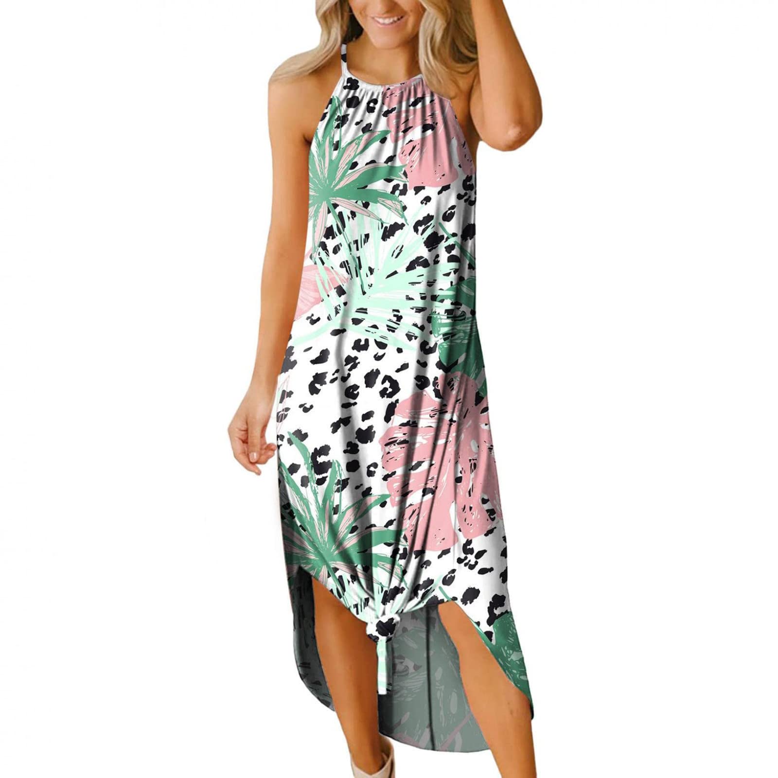 Women's Summer Maxi Dress - Casual Halter Neck Sleeveless Flowy Swing Dress with Side Slit, Floral Print Tank Dress for Beach Vacation, Pool Party, and Outdoor Date Night