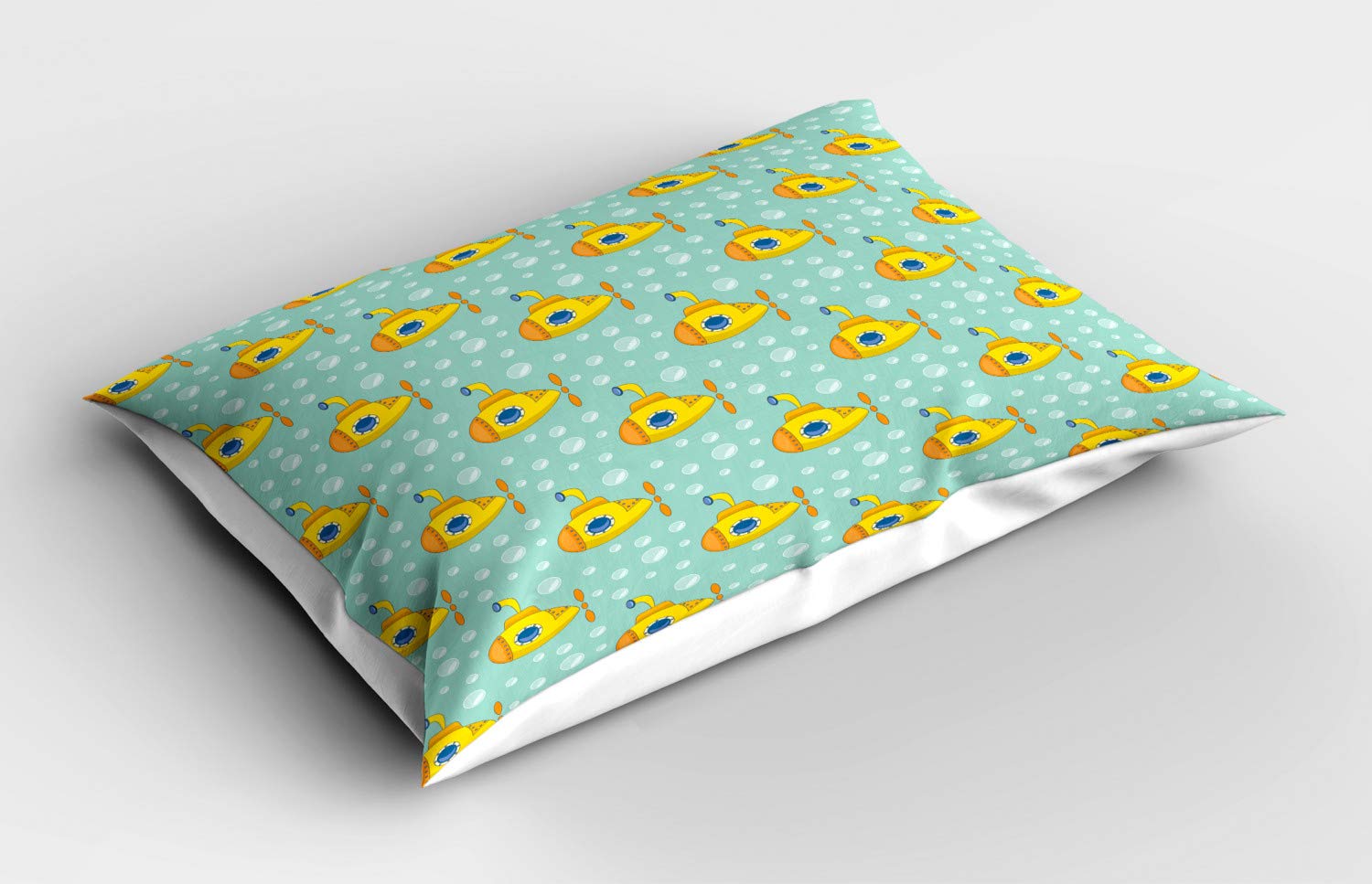 Ambesonne Yellow Submarine Pillow Sham - Nautical Submarine & Bubbles Design, Queen Size Decorative Printed Pillowcase 30x20 Inches in Seafoam & Earth Yellow - Perfect for Beach House Decor, Kids Room & Underwater Theme Bedrooms