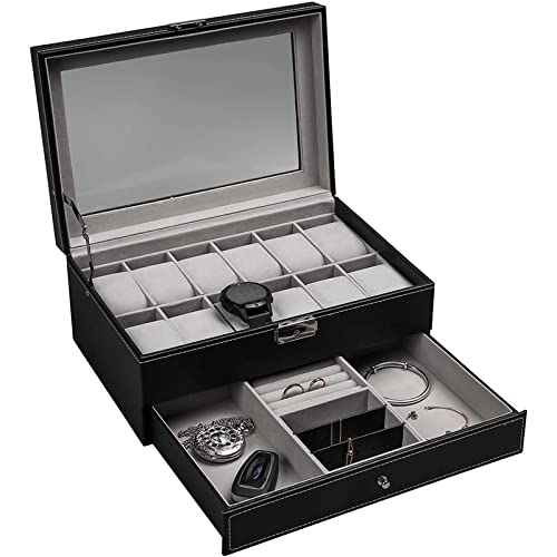 Zongshengshop 12 Slot Watch Box for Men - PU Leather Jewelry Storage Case with Drawer, Display Watch Organizer for Necklaces, Rings & Accessories - Perfect for Home, Travel & Gift (Black)