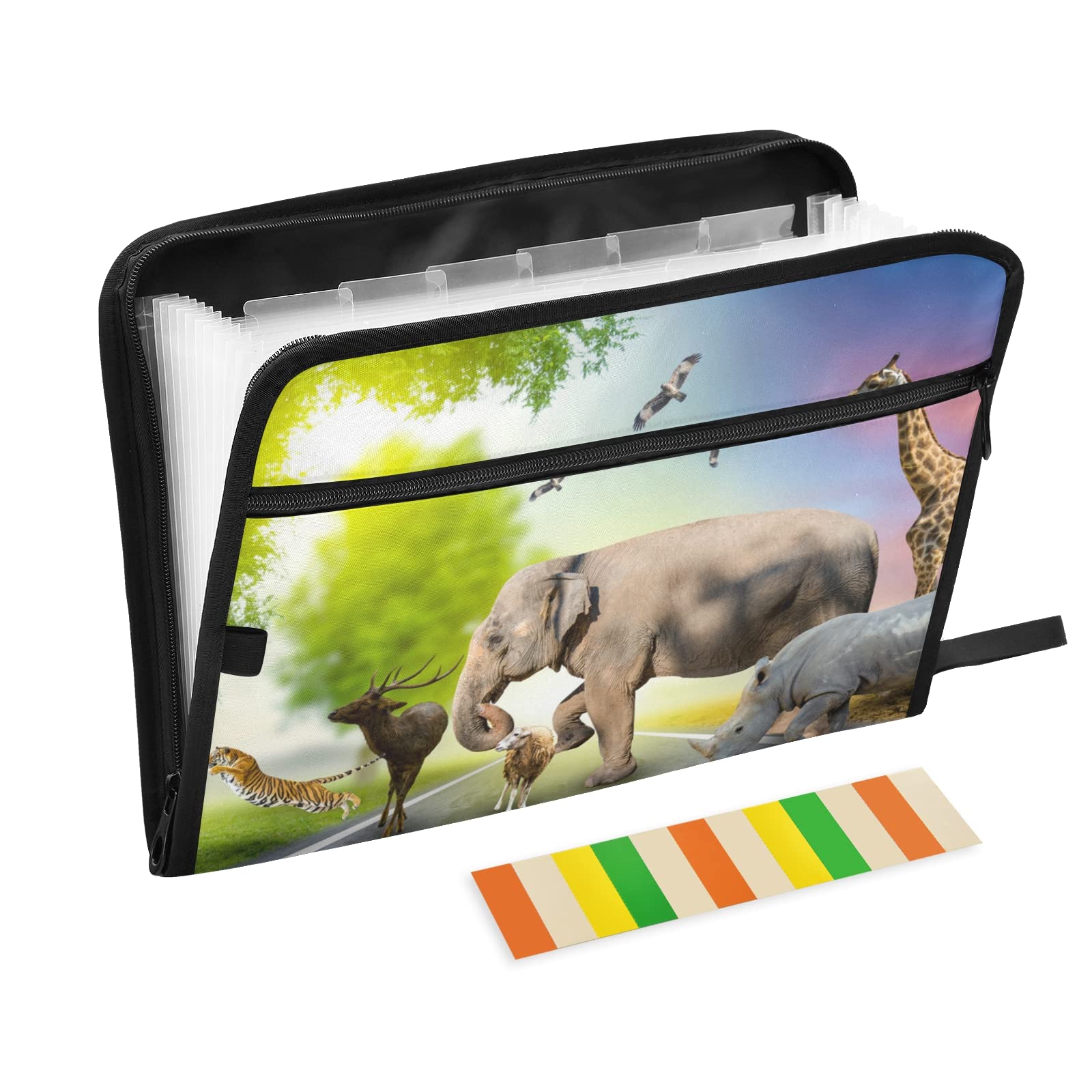 UMIRIKO 13-Pocket Expanding File Folder with Sticky Labels - Letter/A4 Size Accordion Document Organizer for Giraffe, Tiger & Rhinoceros Patterns - Perfect for Office, School & Home Organization