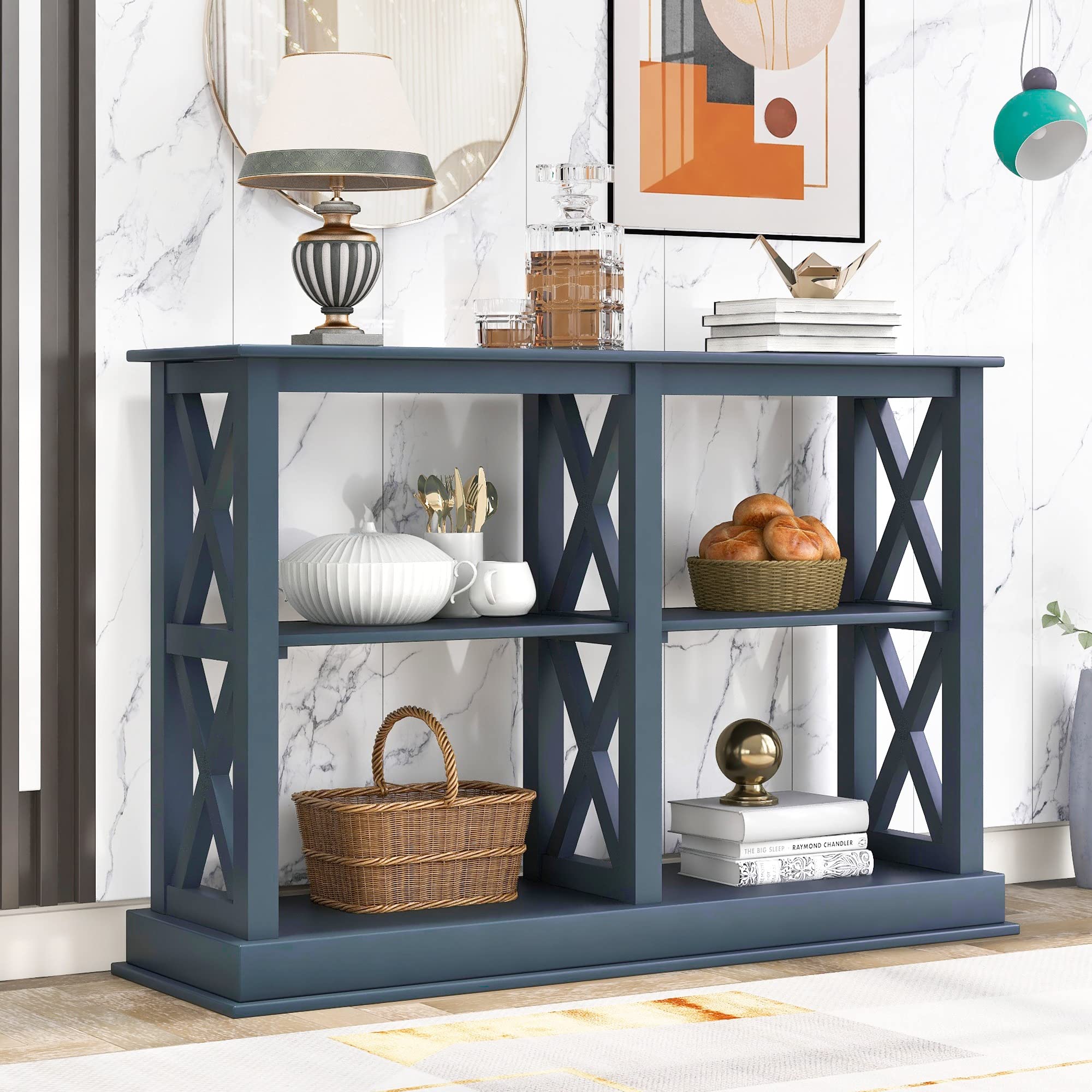 TREXM Modern Narrow Console Table with 3-Tier Open Storage & X-Shaped Legs - Sofa Table for Living Room, Entryway, Hallway - Space Saving Design for Small Apartments (Navy Blue)