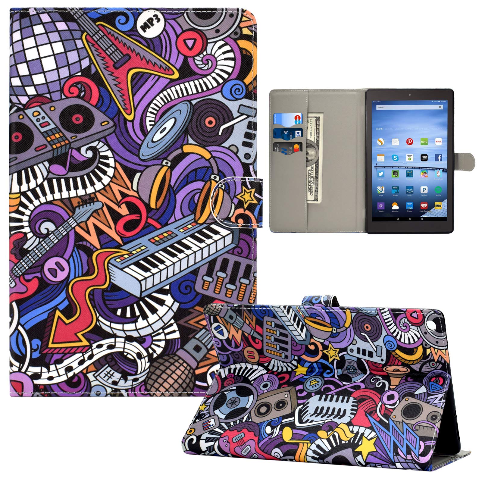 Premium PU Leather Magnetic Wallet Case for Kindle Fire HD 10 (5th/7th Gen 2015/2017) - Auto Wake/Sleep, Slim Folding Cover with Art Graffiti Design - Perfect for Work, Travel & Home Use