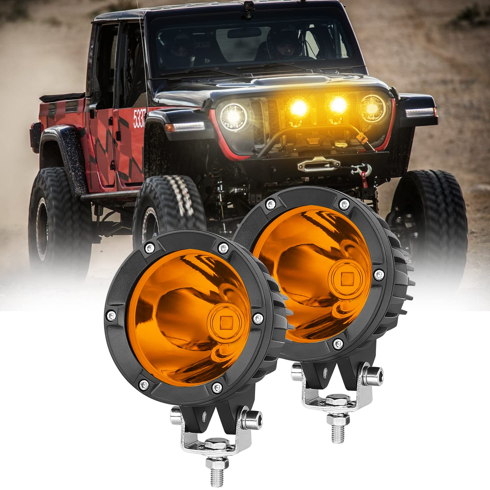 4 Inch Amber Round LED Offroad Lights 80W - 2PCS 10° Spot Ditch Lights, Yellow Driving Fog Lights for Bumper, Roof & A-Pillar | Compatible with Wrangler, Bronco, Pickup Trucks F150, UTV, RZR X3 | Perfect for Off-Roading, Night Driving & Extreme Weather Conditions
