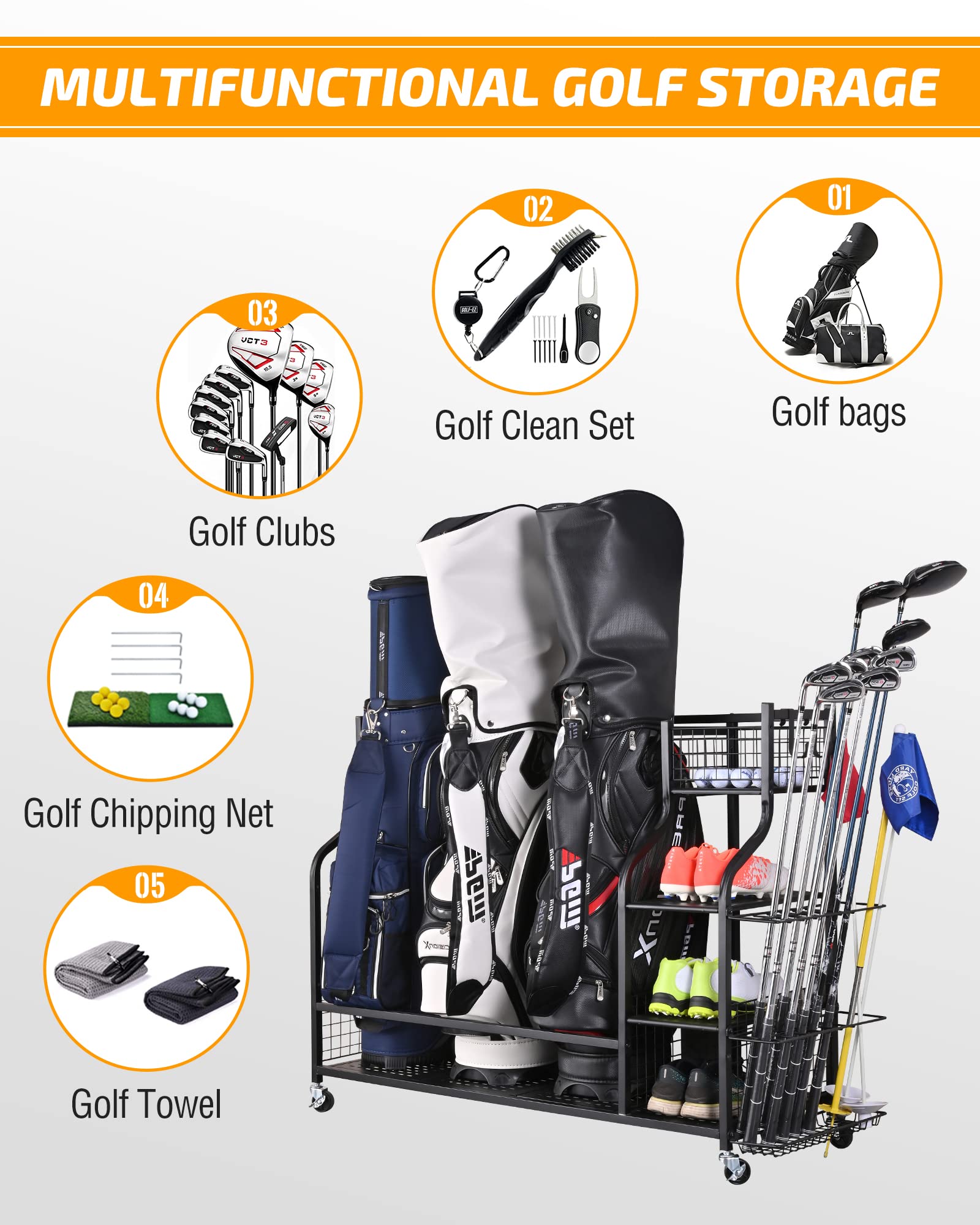 PLKOW Extra Large Golf Bag Storage Stand & Equipment Rack - Heavy Duty Golf Club Organizer for Garage, Shed, Basement | Perfect for Storing Golf Bags, Clubs & Accessories in Home or Outdoor Spaces
