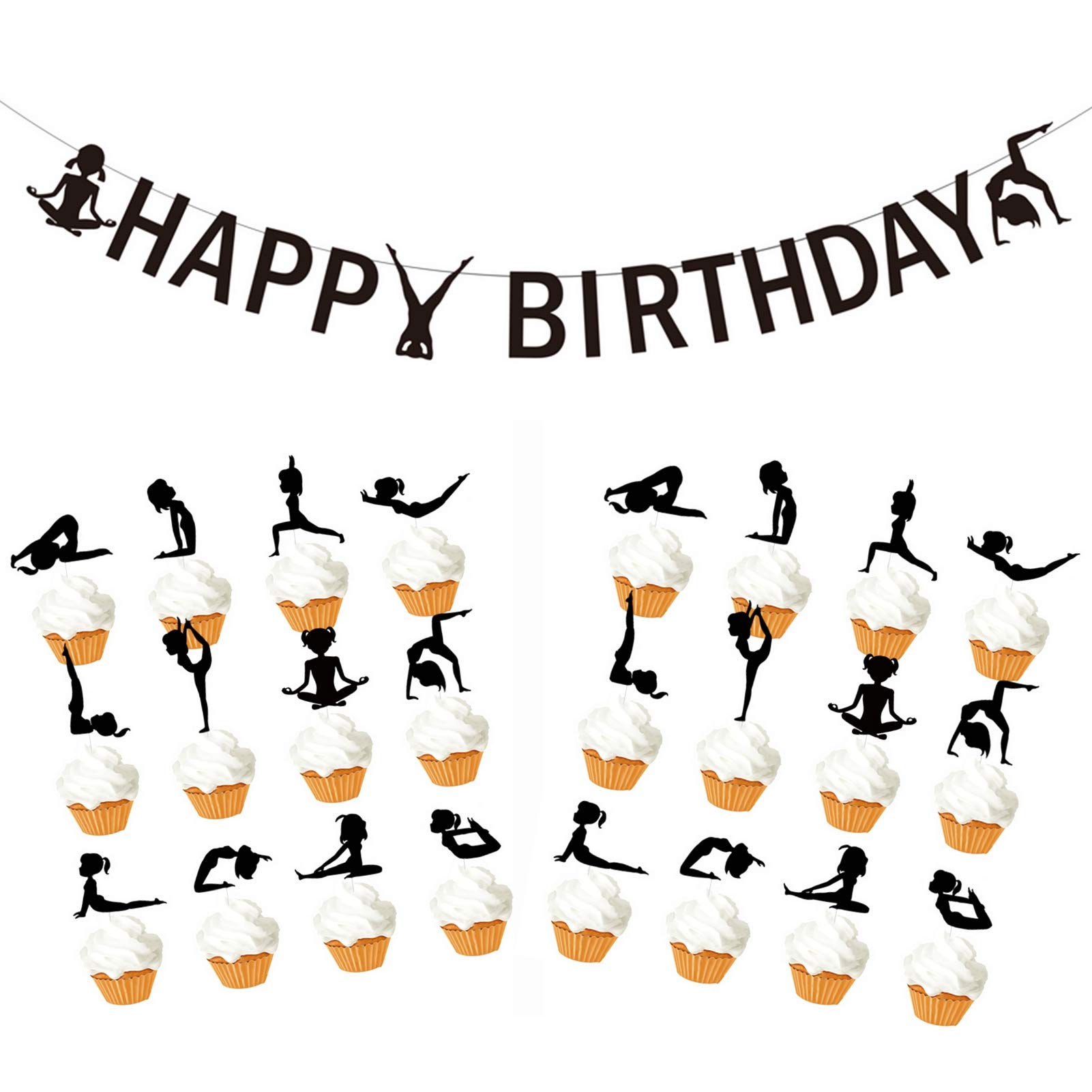 Yoga Birthday Party Decorations Kit - Yoga Banner, Cupcake Toppers & Silhouette Cutouts for Kids Yoga Class, Baby Shower & 1st Birthday Celebrations - Perfect for Yoga-Themed Parties, Training Events & Yoga Day Decor