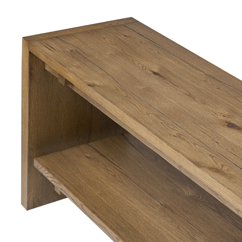 Rustic Amber Oak Veneer Theodore Media Console - Stylish TV Stand for Living Room, Entertainment Center with Storage Shelves