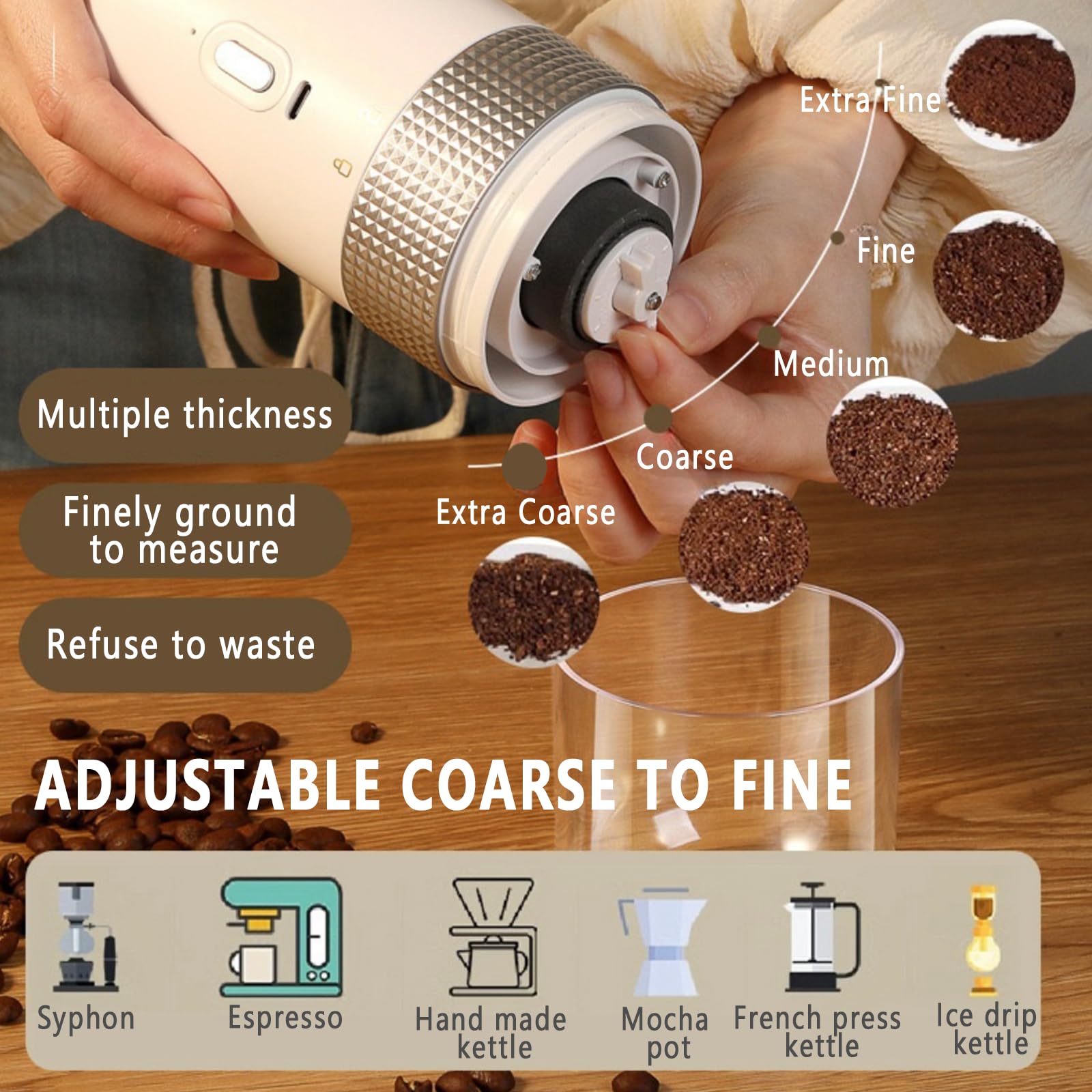 Premium Electric Coffee Grinder - Portable Stainless Steel Conical Burr Mill with Adjustable Settings (Fine to Coarse) for Espresso, French Press & Cold Brew - Perfect for Home, Office, Travel & Camping Use