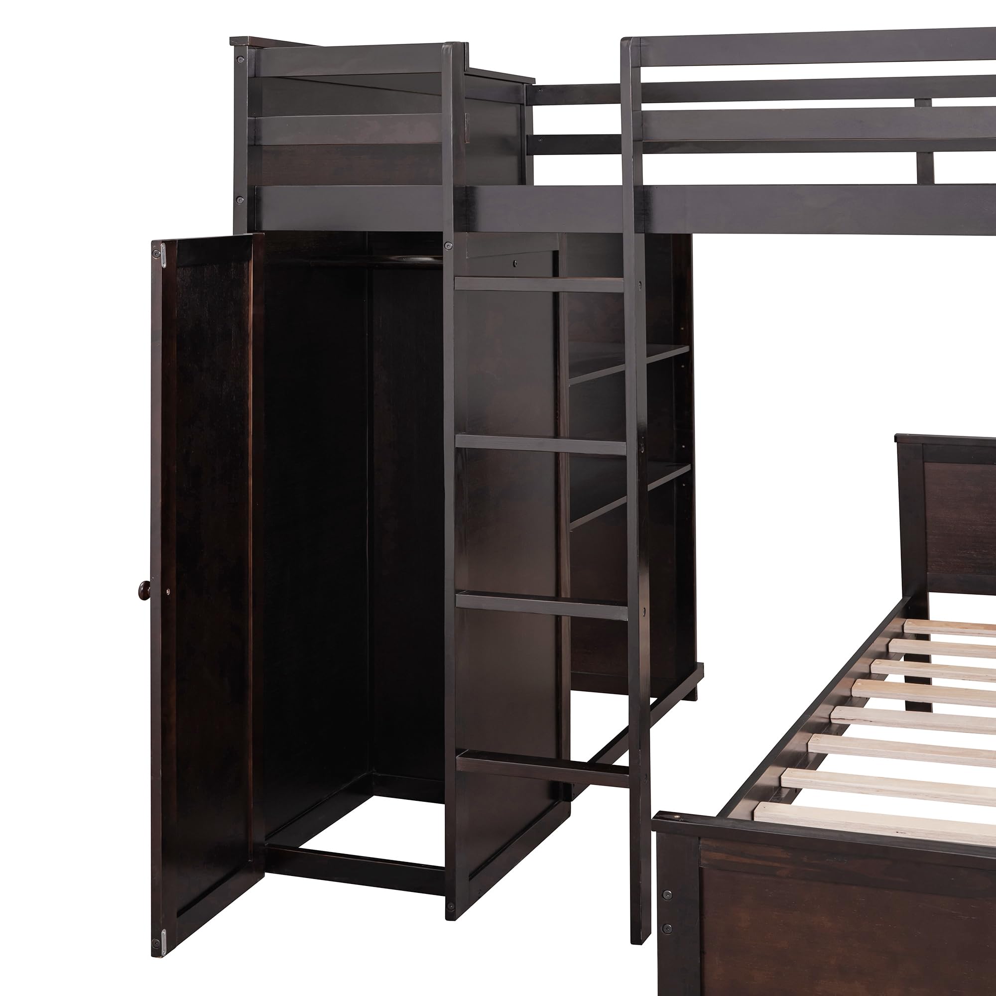 P PURLOVE Full Loft Bed with Desk for Kids - Twin Over Twin Bunk Bed with Wardrobe, Storage Drawers & Bookcase - Multifunctional Wooden Loft Bed Frame for Small Spaces - Perfect for Bedroom, Dorm Room or Kids' Room Organization