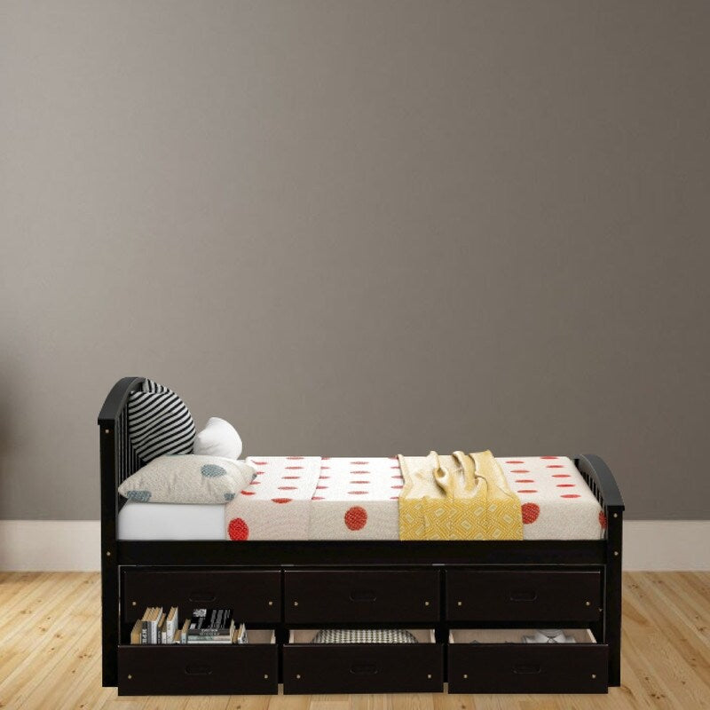 6-Drawer Twin Frame Espresso Shelf Bed with Solid Wood Drawers - Space-Saving Storage Solution for Small Bedrooms & Kids' Rooms