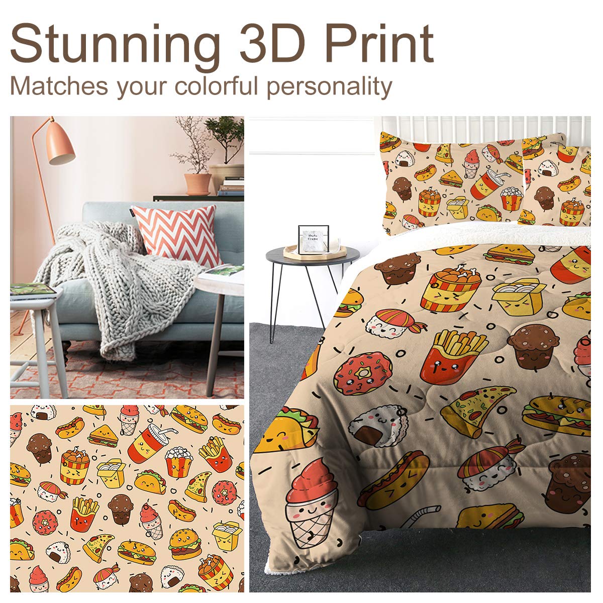 Super Soft Sherpa Comforter Set - Faux Fur Bedspread & Duvet Blanket with Polyester Filler - 3D Lightweight Fuzzy King Size Bedding Set Includes 2 Pillow Shams (Funny Fast Food Design) - Perfect for Cozy Winter Nights & Stylish Bedroom Decor