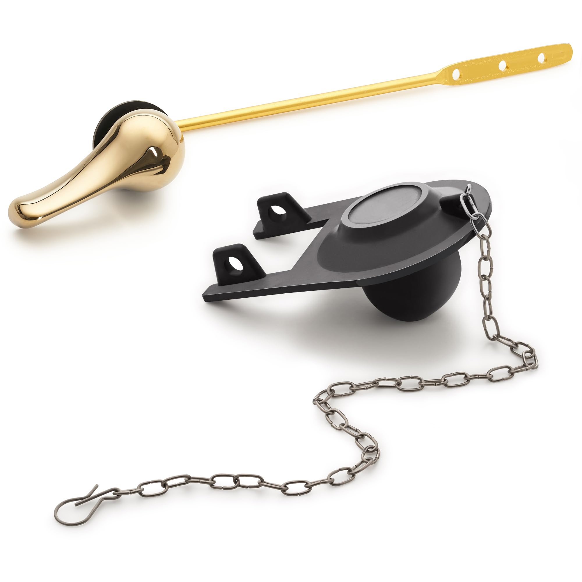 Qualihome Brass Polished Gold Toilet Handle Replacement Kit - 2 Inch Universal Toilet Flapper & Stainless Steel Chain - Perfect for Bathroom Renovation and DIY Toilet Repair