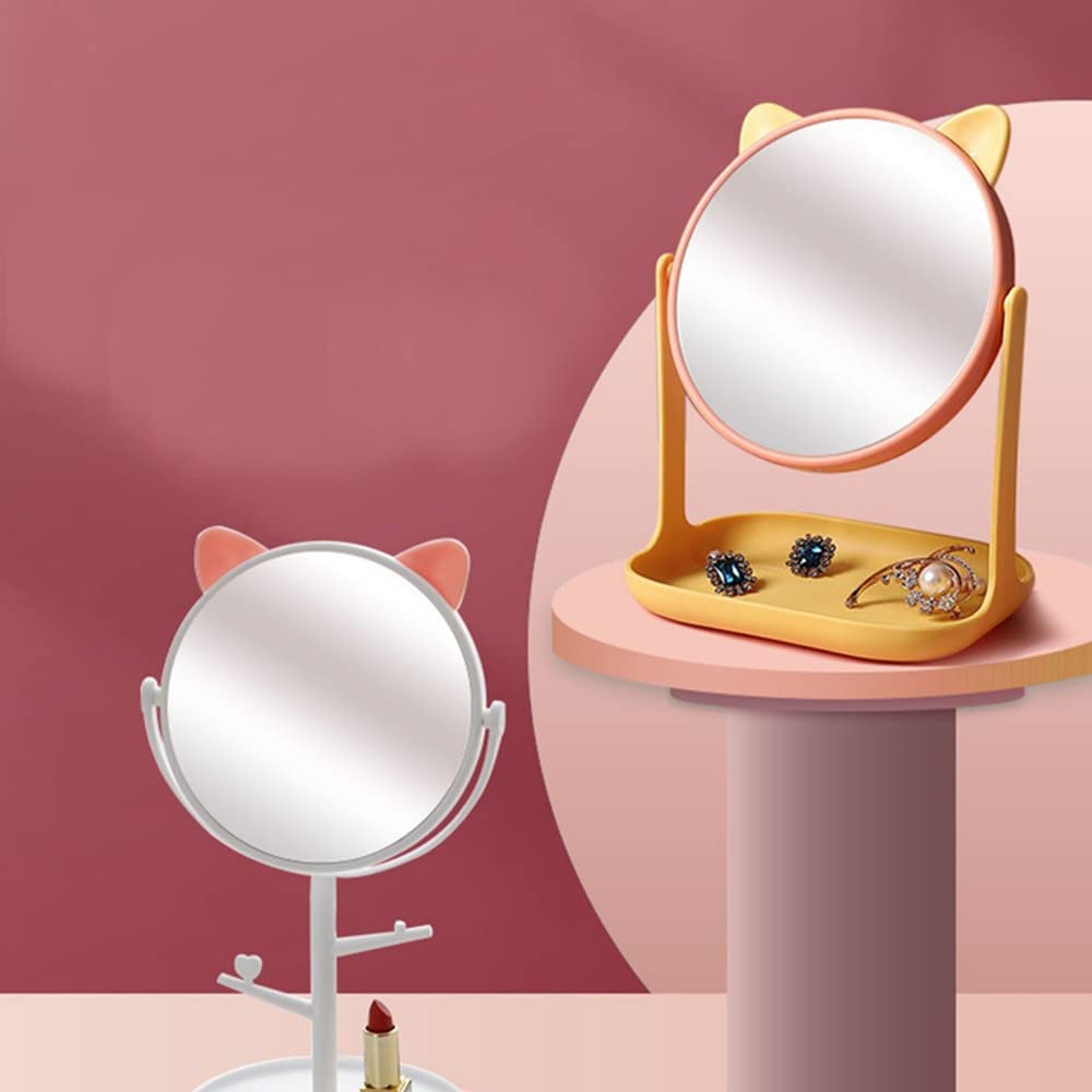 Cute Cat Ear Shaped Rotating Vanity Mirror - Portable Desktop Makeup Mirror with Stand for Women, Mintcream White | Perfect for Home, Bathroom & Travel Cosmetic Organizer