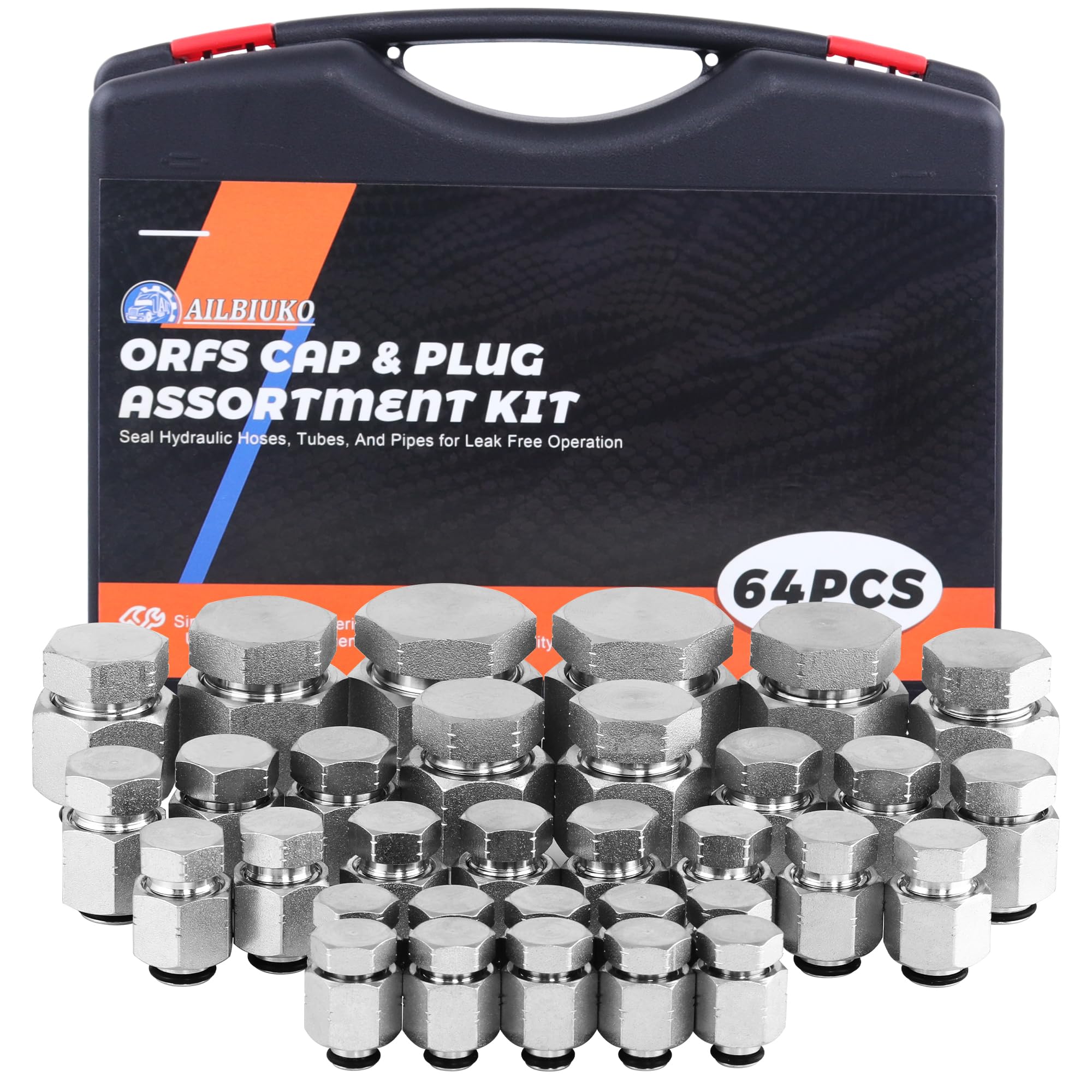 Ailbiuko 64PCS ORFS Cap & Plug Assortment Kit - Heavy Duty Hydraulic Hose Fittings Set with O-Ring Face Seal Adapters (Dash Sizes 4,6,8,10,12,16) - Perfect for Industrial Machinery, Construction Equipment & Hydraulic System Maintenance