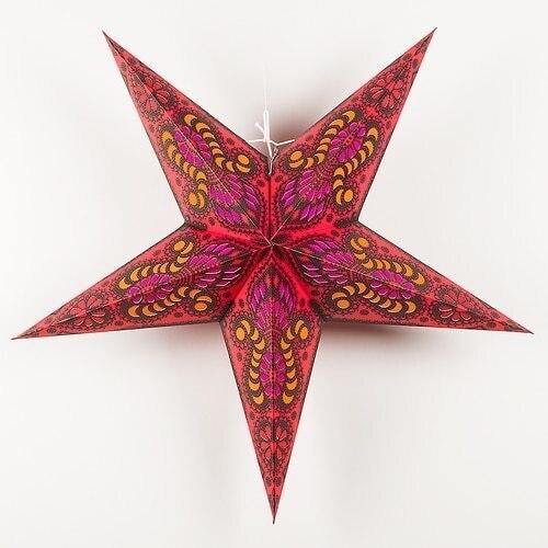3-Pack 24-Inch Red Peacock Illuminated Paper Star Lanterns with LED Bulbs & Cord - Decorative Hanging Lights for Christmas, Party, Wedding & Home Decor