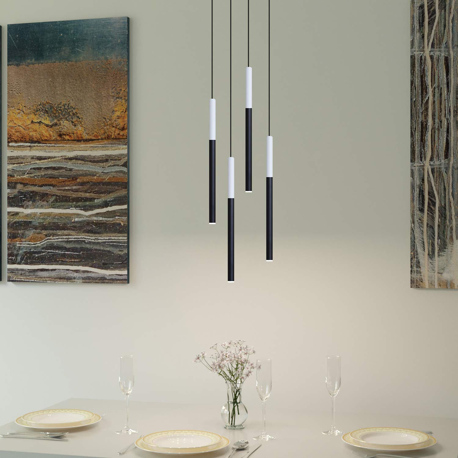 ALTAIR 4 Mini Pendant Lighting White-Black - LED Hanging Light Fixture for Kitchen Island, Bar, Foyer - Cluster Pendants - Dimmable, Adjustable Wire, Bulb Included - Perfect for Modern Dining Room, Bedroom, and Office Lighting