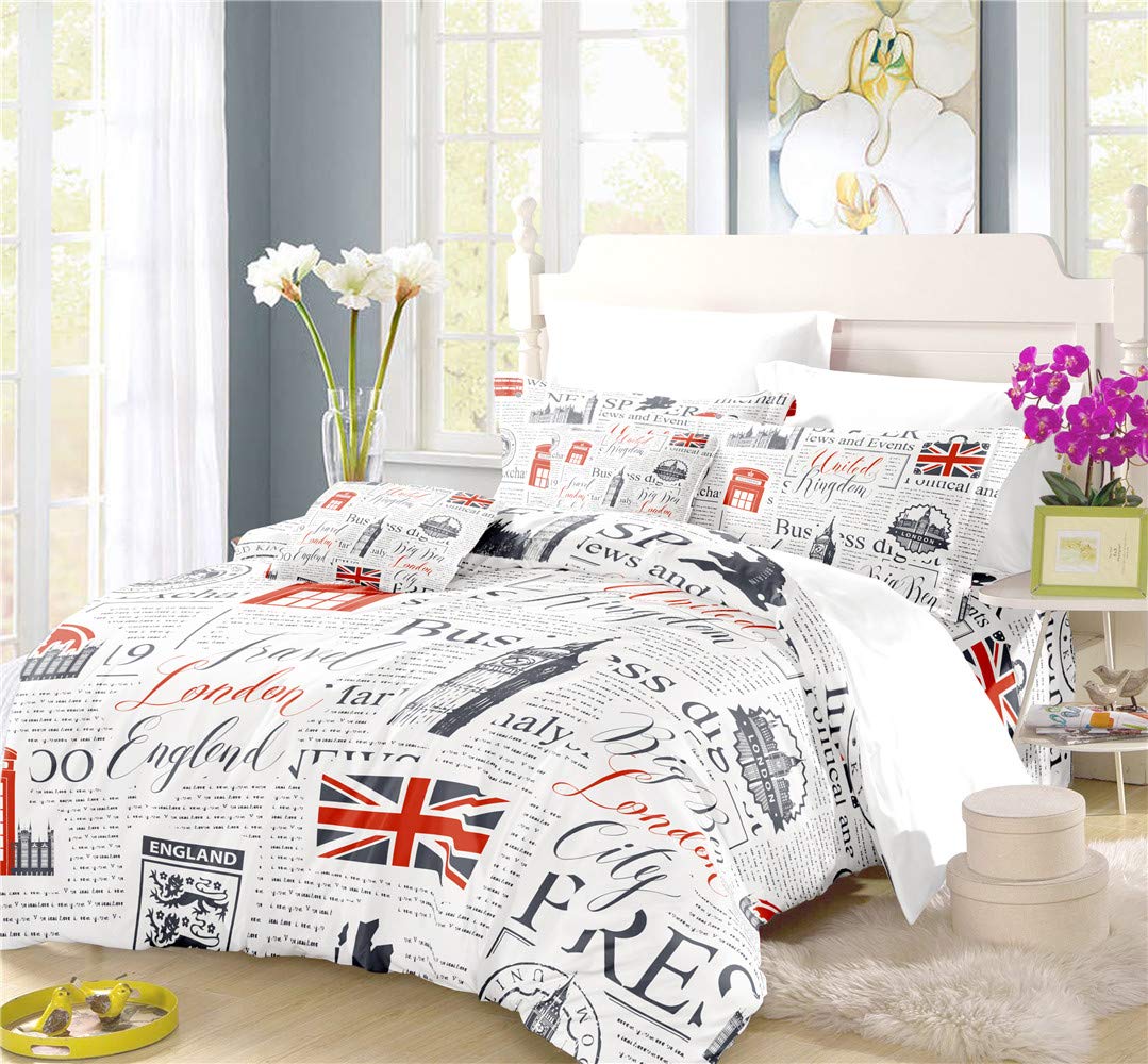 REALIN Union Jack Duvet Cover Set - British Flag Bedding with Vintage Style (2/3/4PCS) - Quilt Cover, Sheets & Pillow Shams for Twin/Full/Queen/King Size Beds - Perfect for UK-Themed Bedrooms, British Pub Decor or Vintage Home Styling (King Size 229x259cm, 4PCS Set)