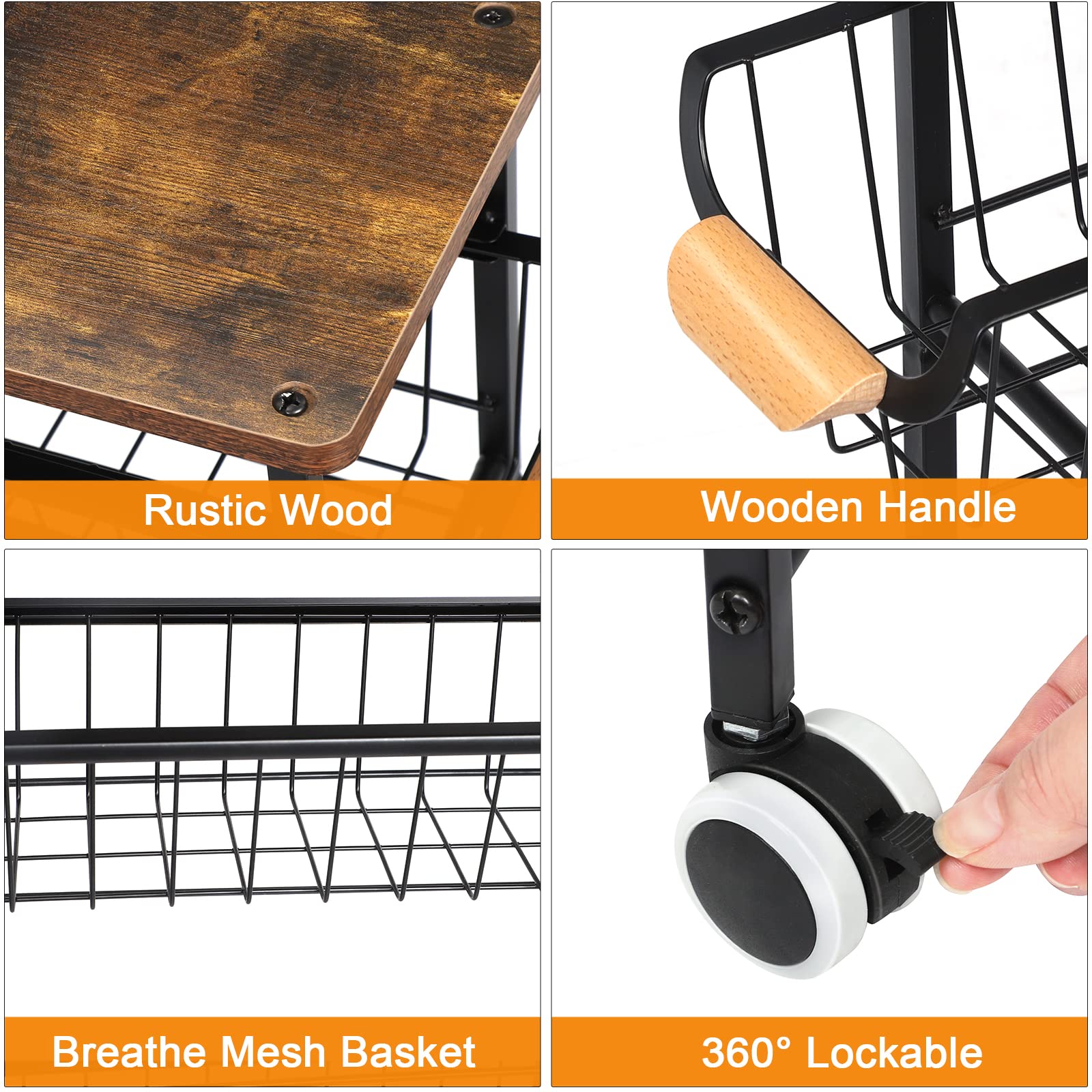 4-Tier Slim Rolling Storage Cart with Slide-Out Wire Baskets & Wooden Top - Narrow Kitchen Utility Cart with Wheels for Bathroom, Laundry, Kitchen - Perfect for Small Spaces, Apartments & Dorm Rooms