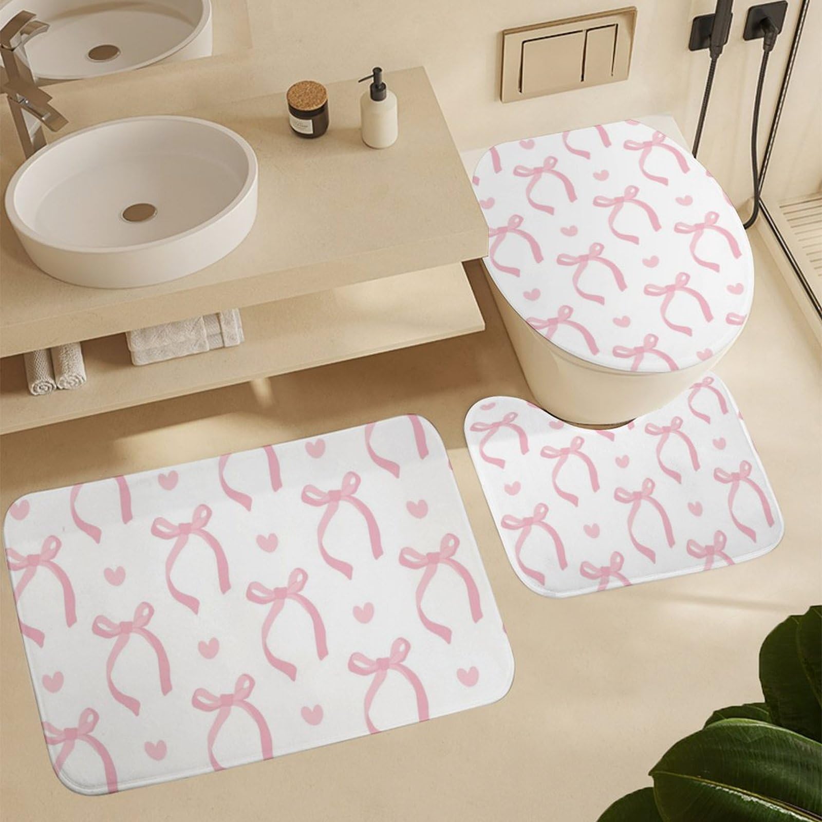 4PCS Pink Ribbon Bow Shower Curtain Set with Non-Slip Bath Mat, Toilet Lid Cover & U-Shaped Rug - 72