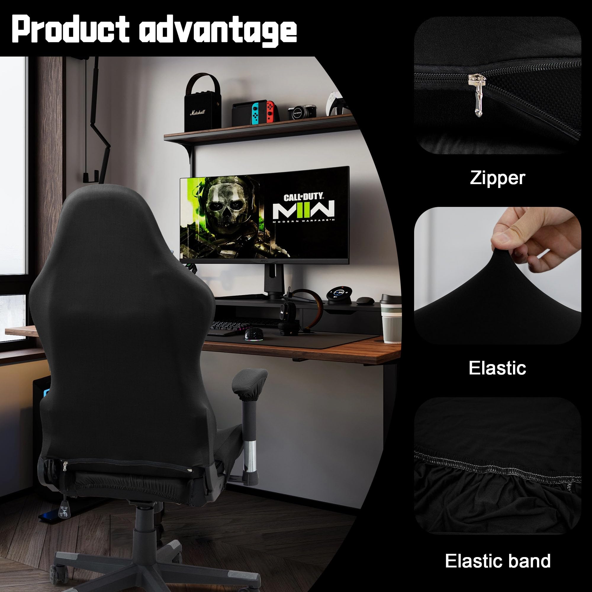 Stretchable Gaming Chair Cover - Ergonomic Office Chair Slipcover for Cat Scratch Protection - Black (Fits Racing & Computer Gamer Chairs) - Perfect for Home Office & Gaming Setup