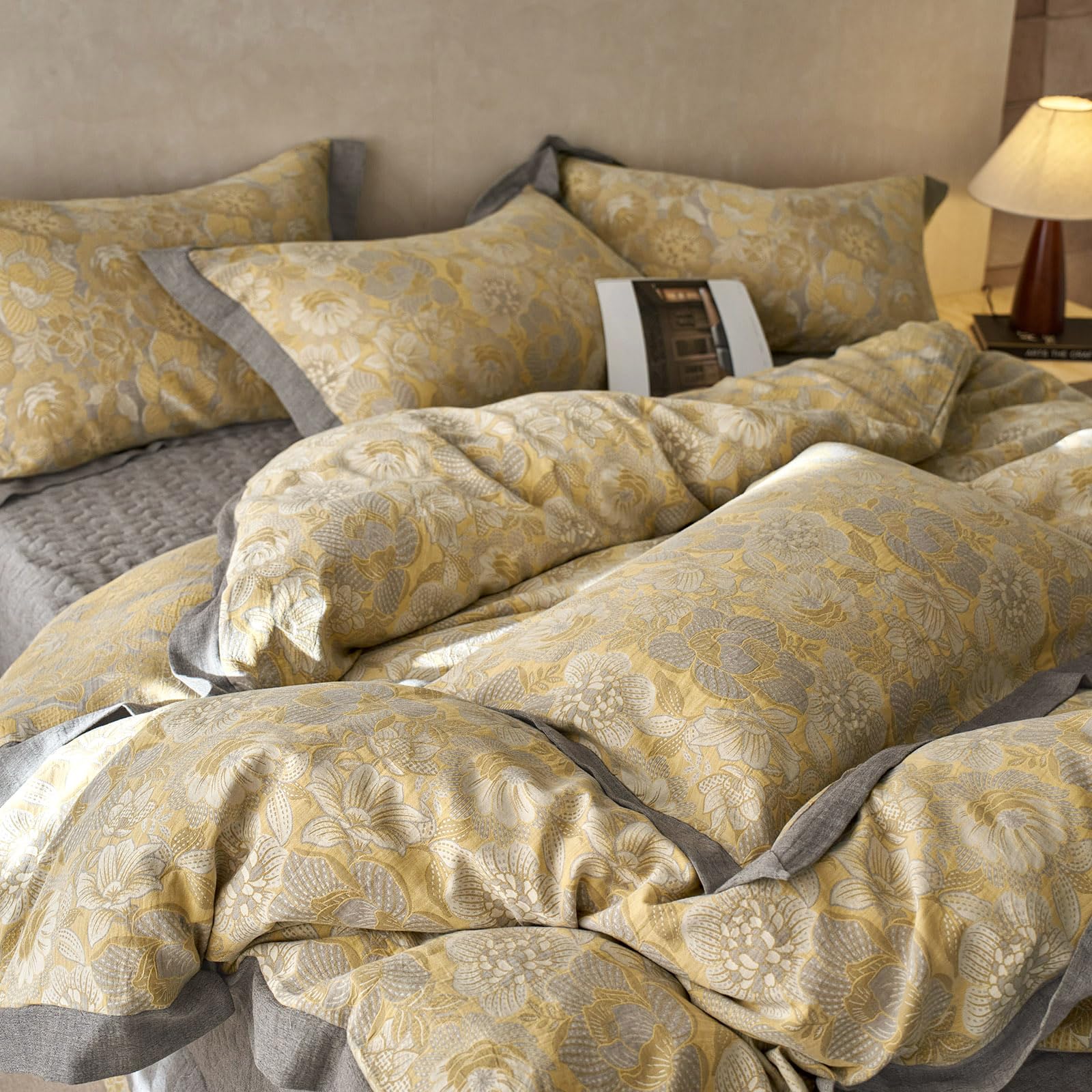 MKXI Golden Floral King Duvet Cover Set - 100% Breathable Muslin Gauze, Farmhouse Style Yellow Floral Jacquard Bedding - All Season Soft Comforter Cover for Cozy Home Decor | Perfect for Master Bedroom, Guest Room & Vacation Homes