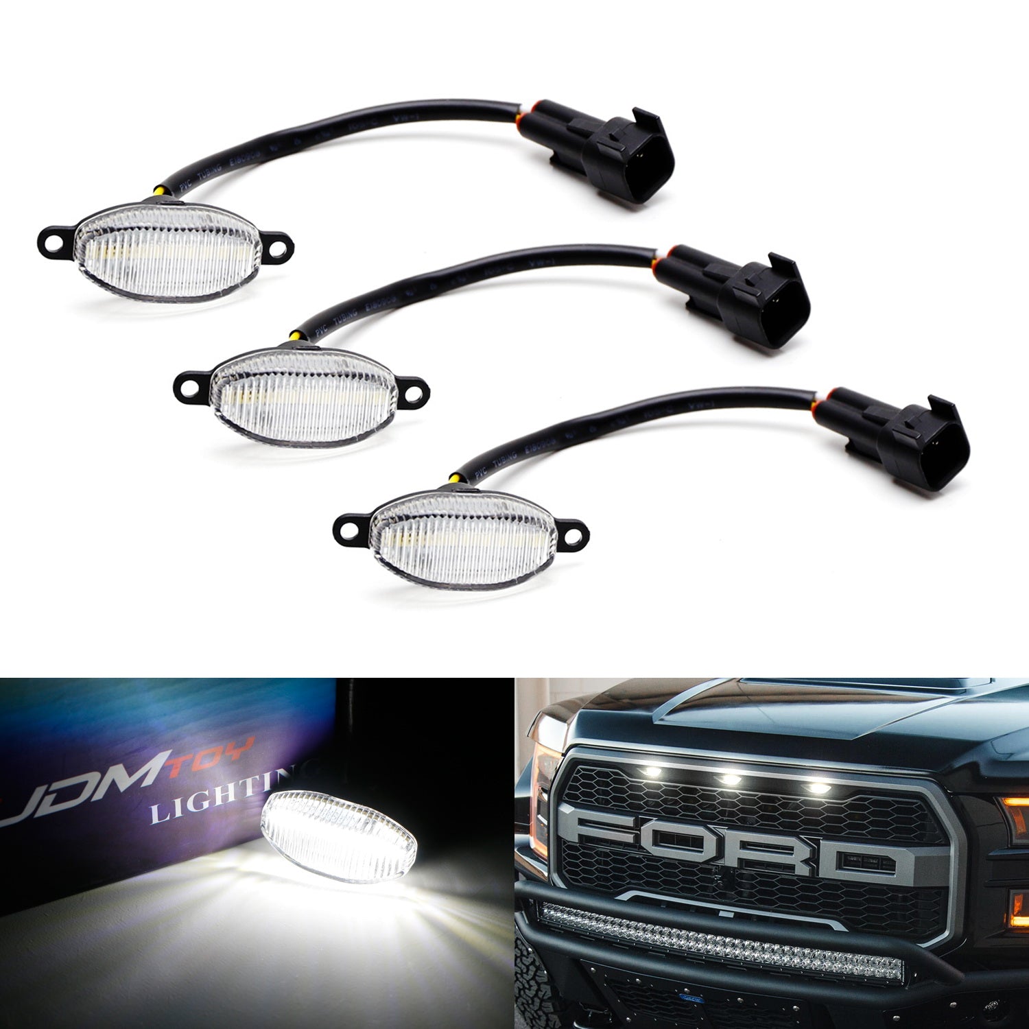 3pcs Clear 12 SMD Xenon White LED Front Grille Running Lights for Ford Raptor - High Visibility Daytime Running Lights for Off-Road & Night Driving
