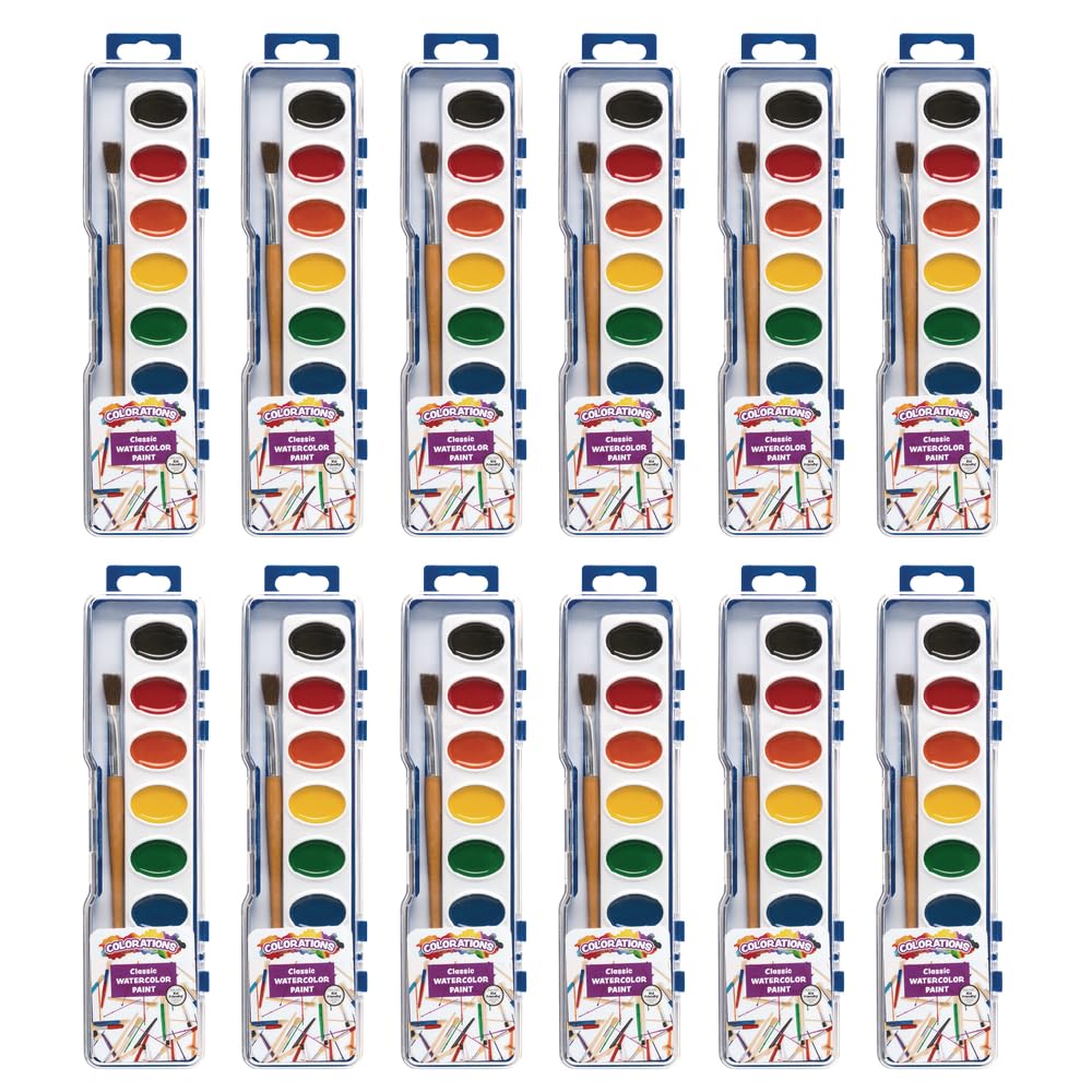 Colorations Watercolor Paints Set - 12 Palettes with 8 Vibrant Colors | Includes Paint Brush, Durable Plastic Tray & Cover | Non-Toxic Kids Art Supplies for Classroom, Home & DIY Projects | Perfect for Children's Painting Activities, School Projects & Creative Play