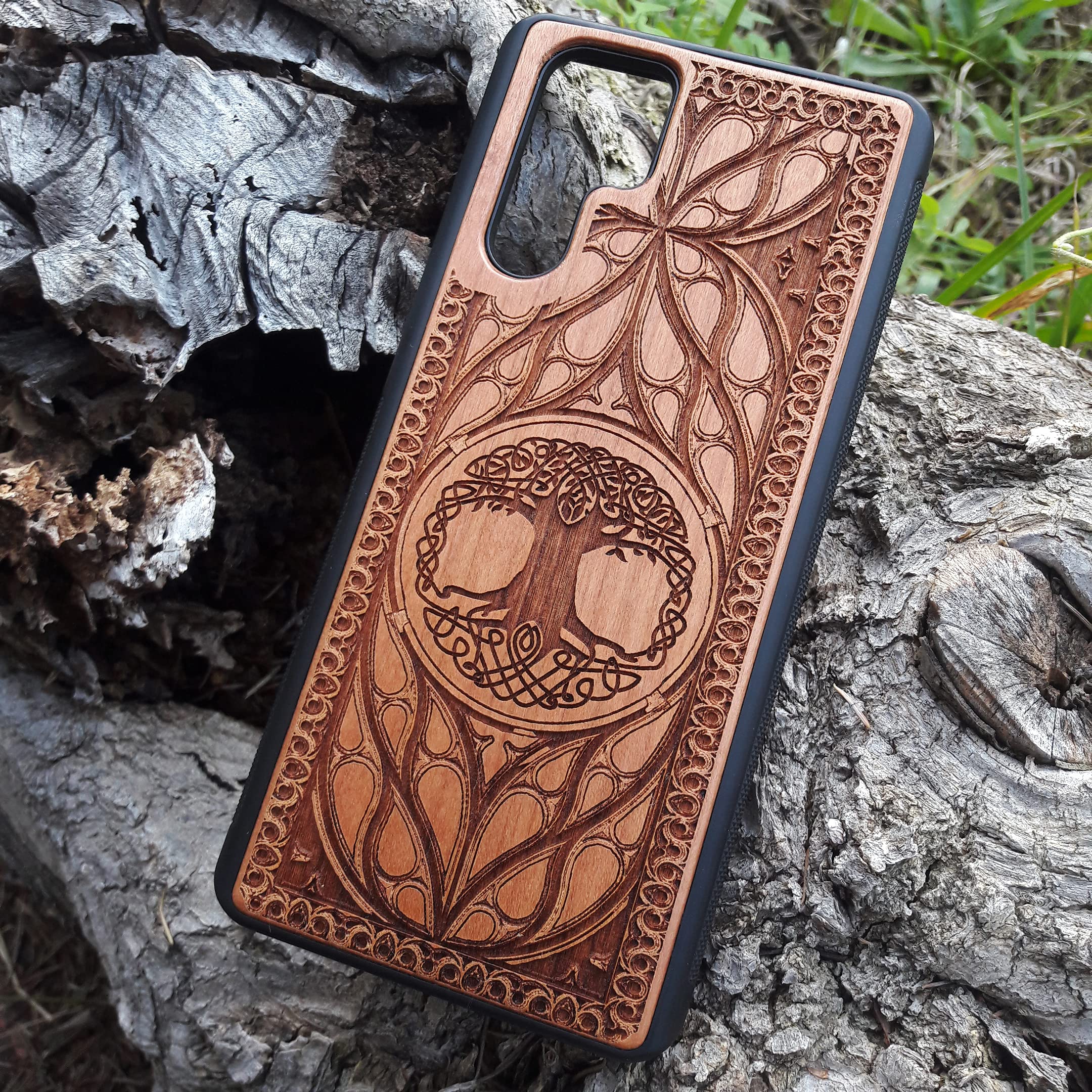 Celtic Tree Laser Engraved Wood Phone Case for iPhone 16/15/14/13/12/11 Pro Max Mini & Galaxy S25/S24/S23/S22/S21/S20 Ultra Plus - Eco-Friendly Slim Durable Wooden Cover - Perfect for Nature Lovers & Outdoor Enthusiasts