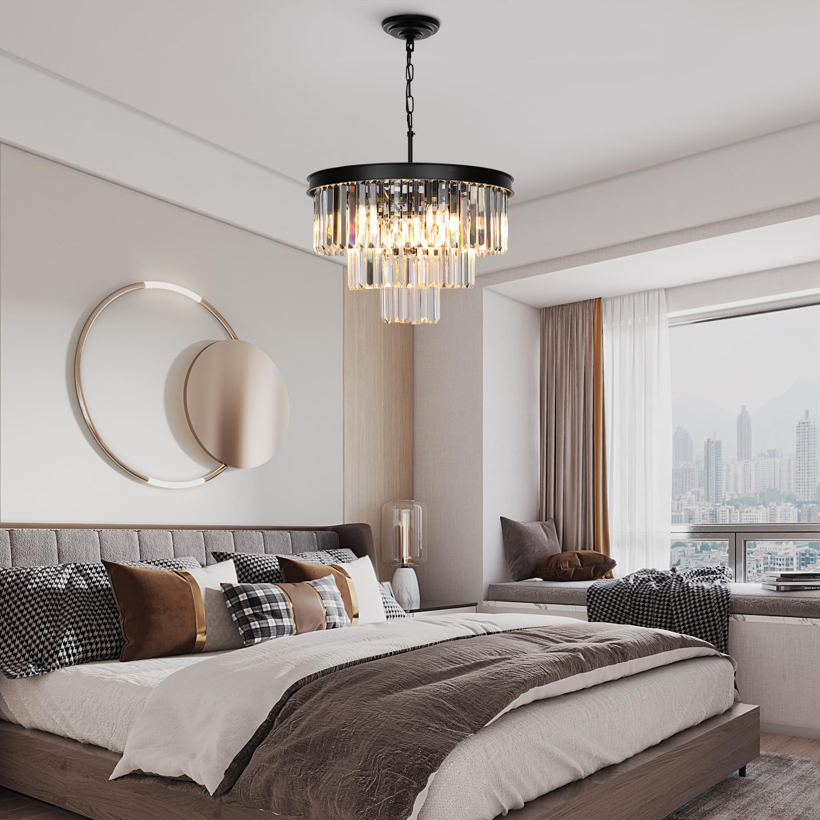 9-Light Black Modern Crystal Chandelier - 3-Tier Round Ceiling Light Fixture for Dining Room, Bedroom, Living Room, Entryway & Kitchen Island (20 Inch Diameter) - Elegant Lighting for Home Decor & Special Occasions