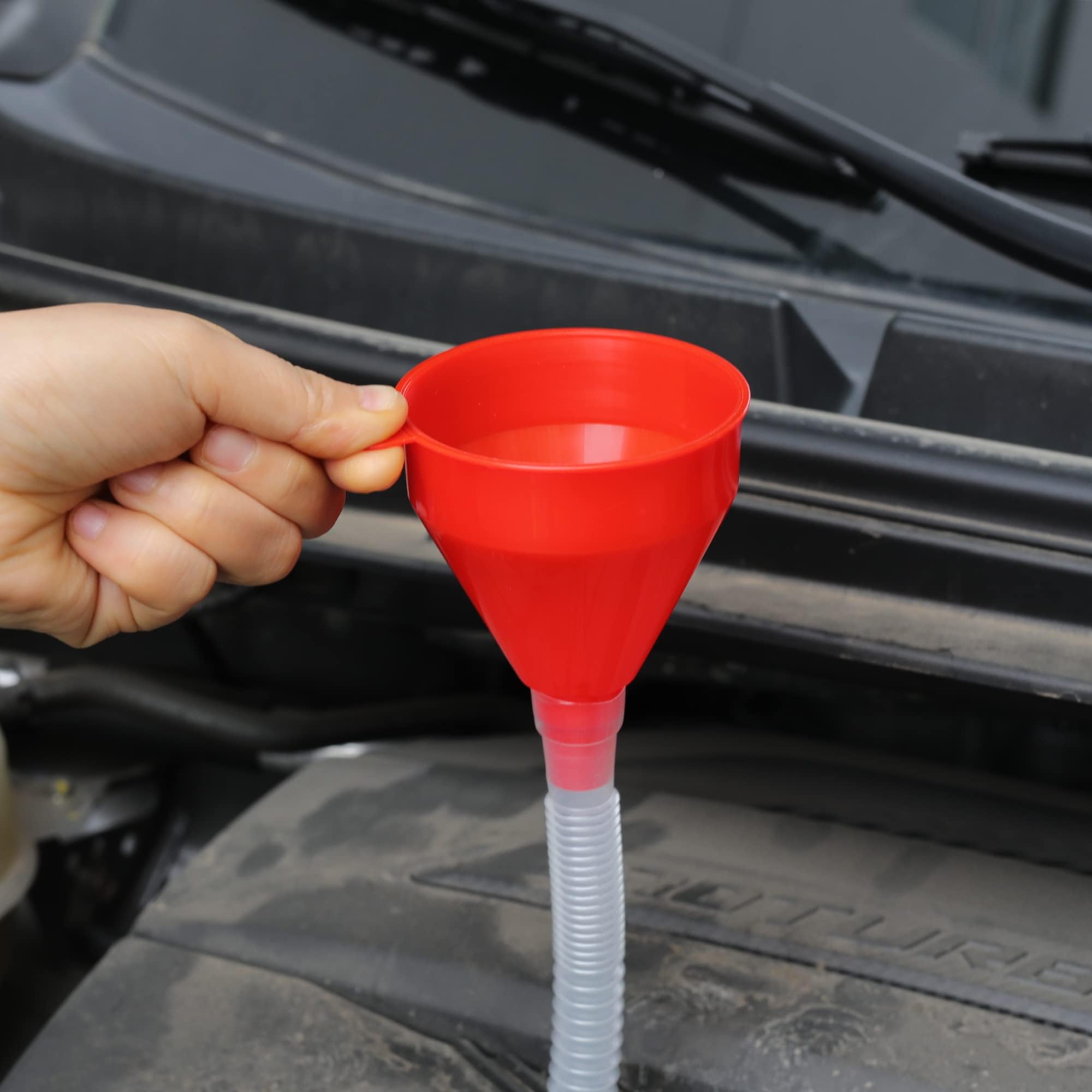 Flexible Plastic Oil Funnel with Long Hose - Car Engine Oil Change Funnel for Gasoline, Diesel & Transmission Fluid - Perfect for DIY Auto Maintenance & Fluid Refills (Red, 1-Pack)