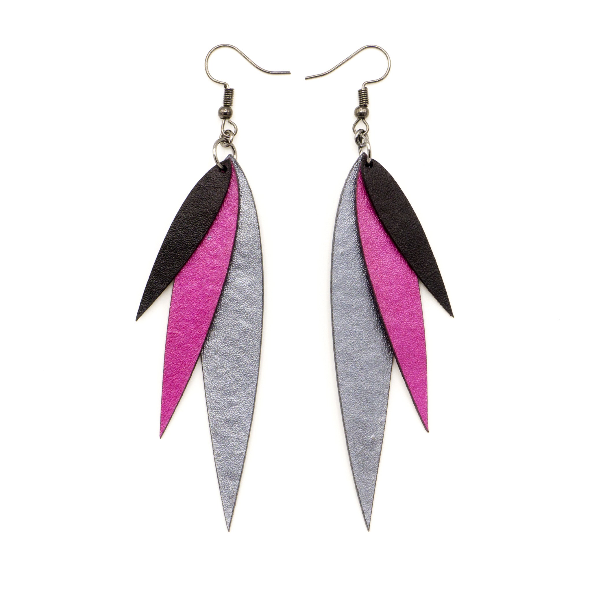 Achara Handmade Leather Earrings for Women - Silver Studs with Fuchsia Pearl & Black Leather | Boho Chic Jewelry for Parties, Weddings & Everyday Wear