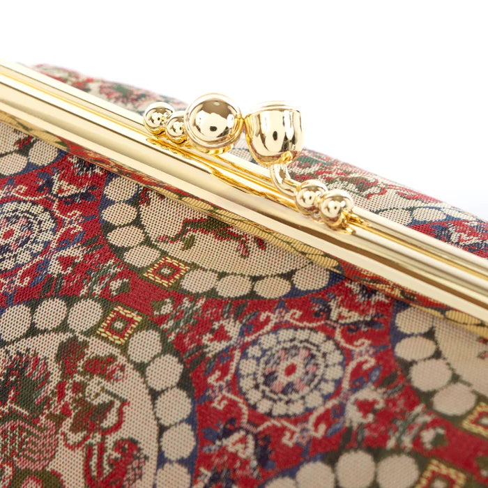 Nishijin Woven Small Lion Hunter Red Pouch - Handmade in Kyoto Japan | Cosmetic & Makeup Bag, Japanese Gamaguchi Pouch for Travel Toiletry, Stationery Organizer, Bag-in-Bag | Perfect for Daily Essentials, Gift Giving & Japanese Culture Lovers
