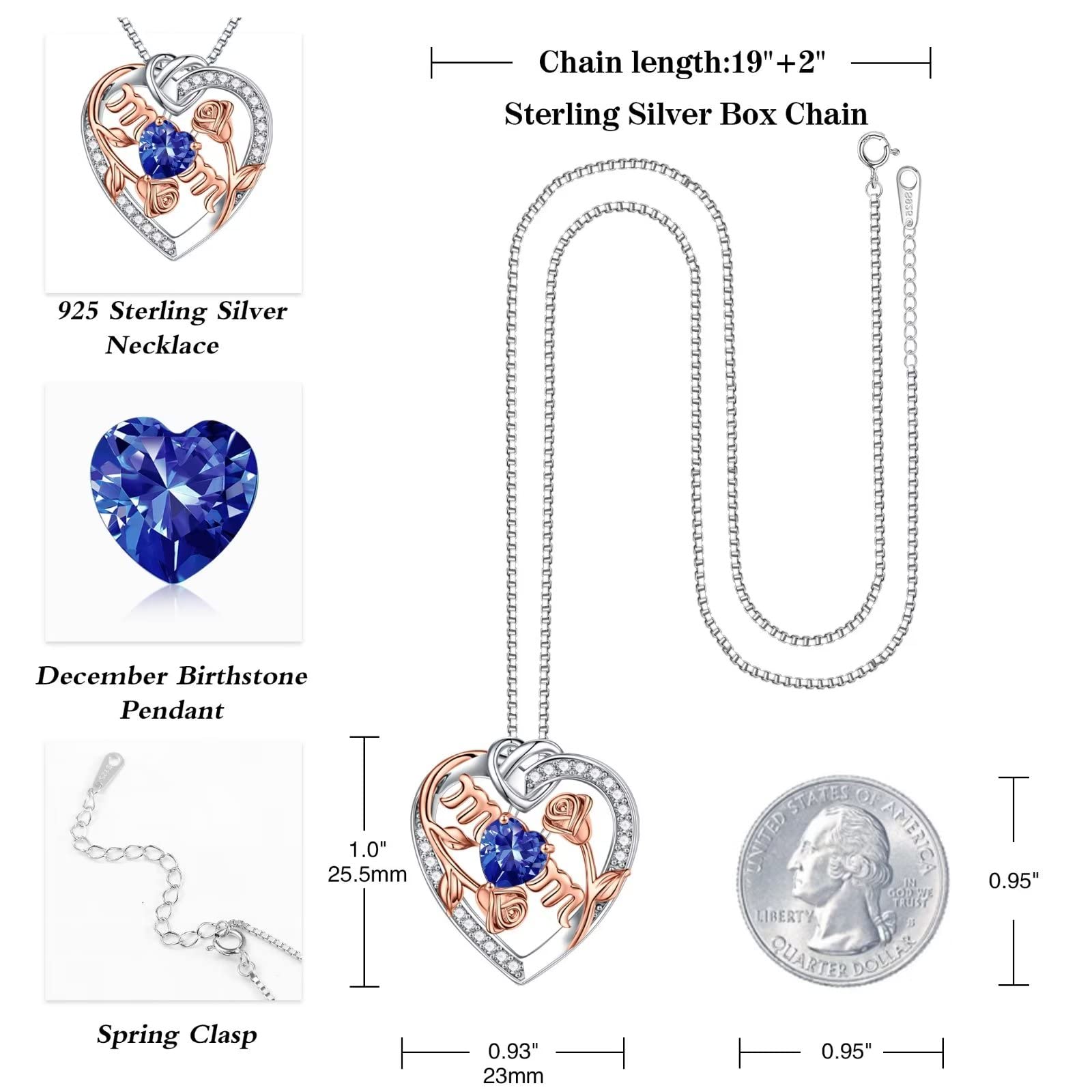 Rose Birthstone Necklace for Mom - S925 Sterling Silver Heart Pendant with Birthstone, Mothers Day Jewelry Gift, Valentines Day Present, Birthday Keepsake - Perfect for Special Occasions & Everyday Wear