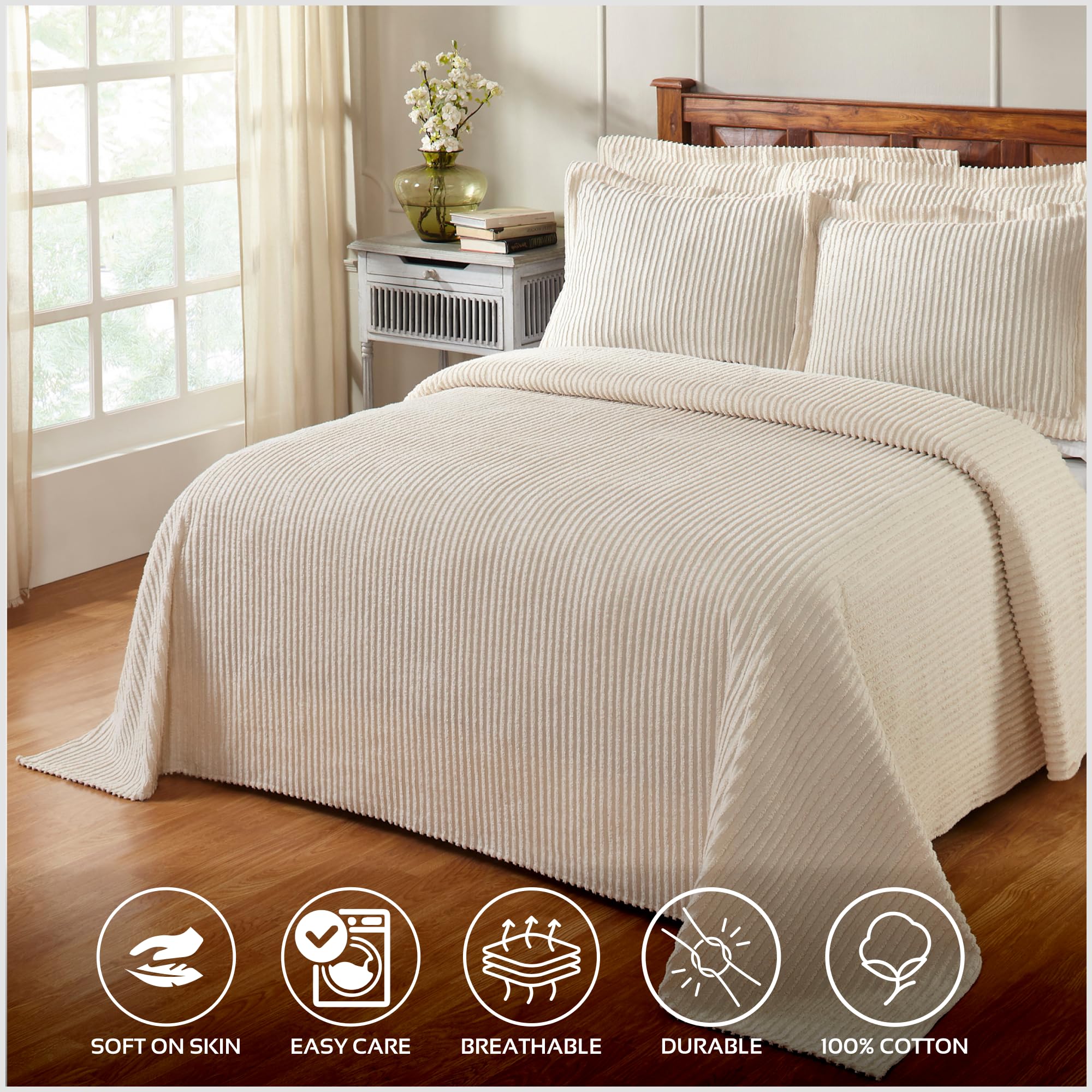 Better Trends Ivory King Bedspread Set - 100% Cotton Tufted Classic Stripe Coverlet | Soft & Cozy All-Season Bedding Set | Machine Washable 3-Piece Set - Jullian Collection | Perfect for Master Bedroom, Guest Room & Luxury Hotel Decor