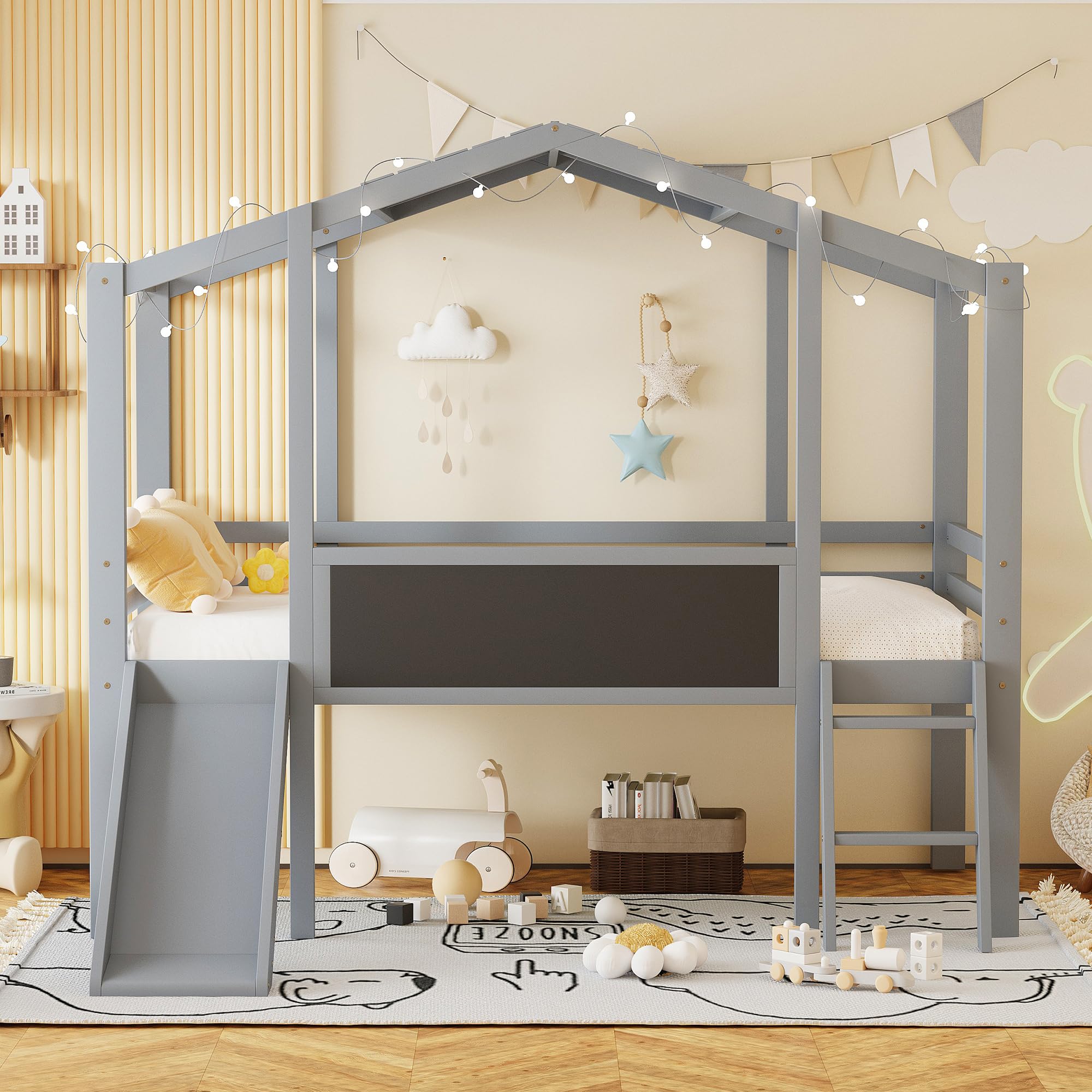 Harper & Bright Designs Twin Size Kids Loft Bed with Slide, LED Lights & Blackboard - Wood Playhouse Loft Bed with Ladder & Slats Support for Boys & Girls - Perfect for Small Bedrooms, Playrooms & Kids' Sleepovers (Gray)