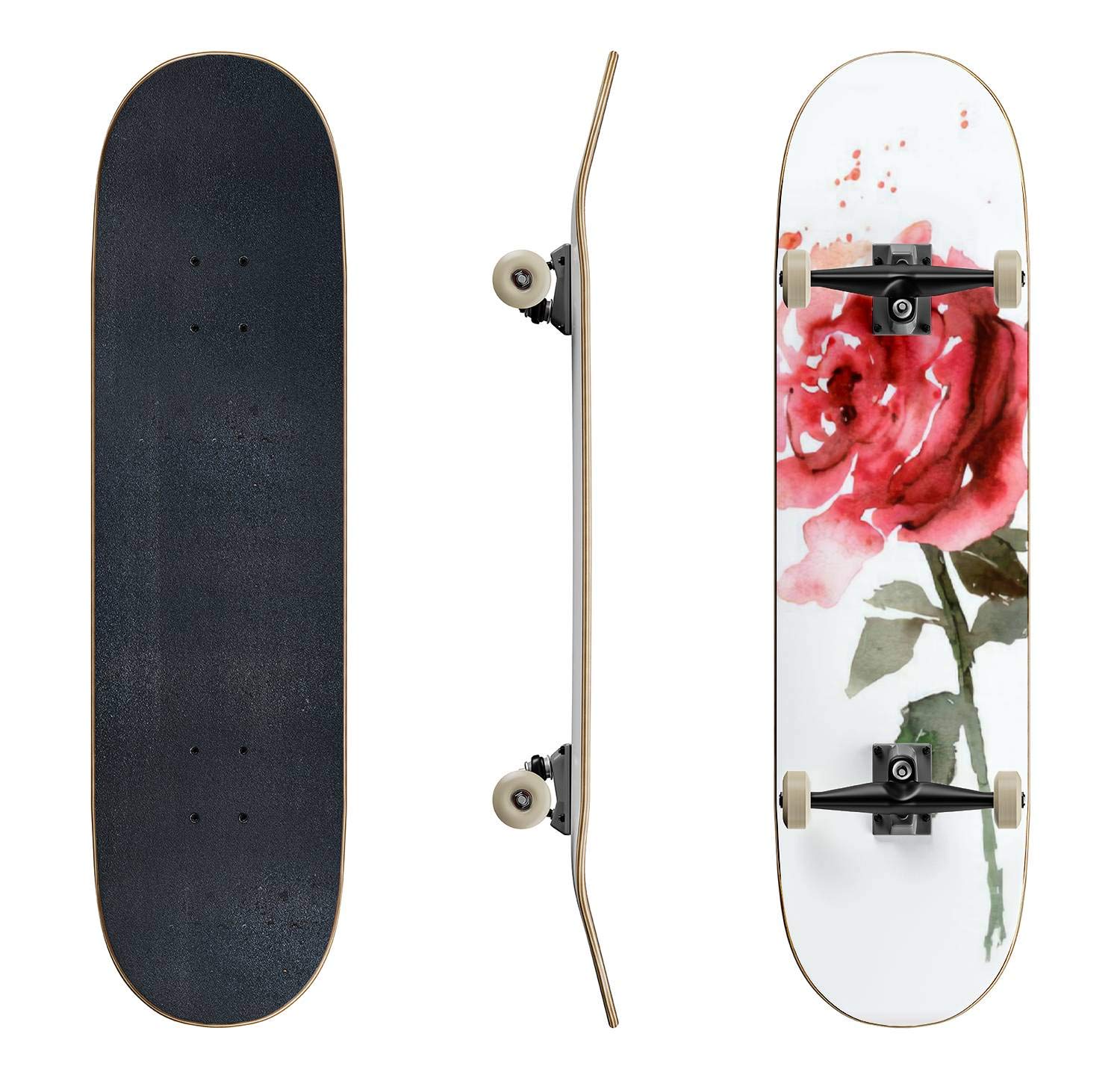 EFTOWEL Hand-Painted Pink Rose Skateboard - Classic Concave Longboard for Beginners & Professionals | Extreme Sports & Teen Gifts | Perfect for Skate Parks, Street Riding & Wall Decor