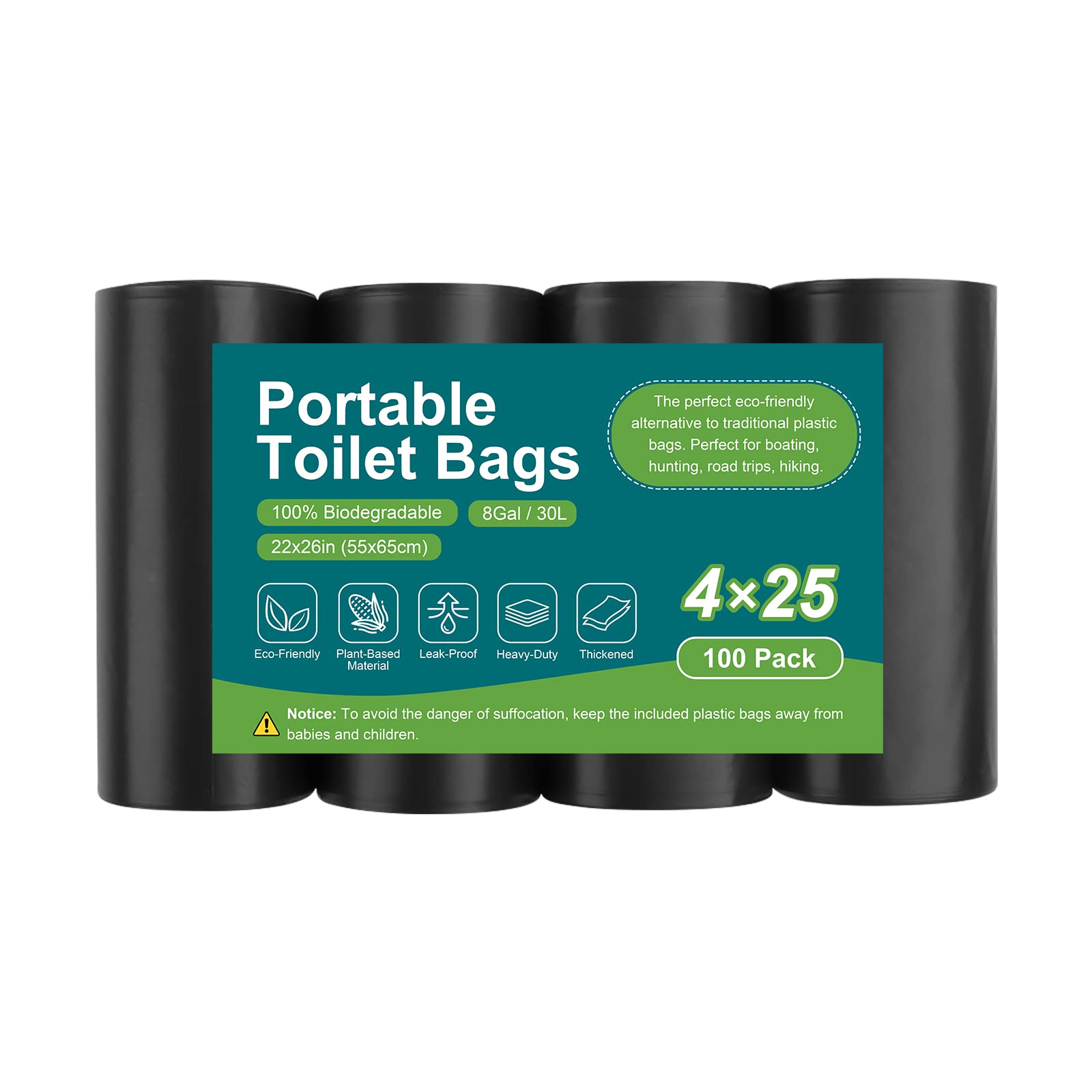 100 Biodegradable Portable Toilet Bags - 8 Gallon Drawstring Waste Bags for Camping, Hiking & Travel | Fits 5-8 Gallon Bucket Toilets | Eco-Friendly Outdoor Sanitation Solution for RV, Car & Emergency Preparedness