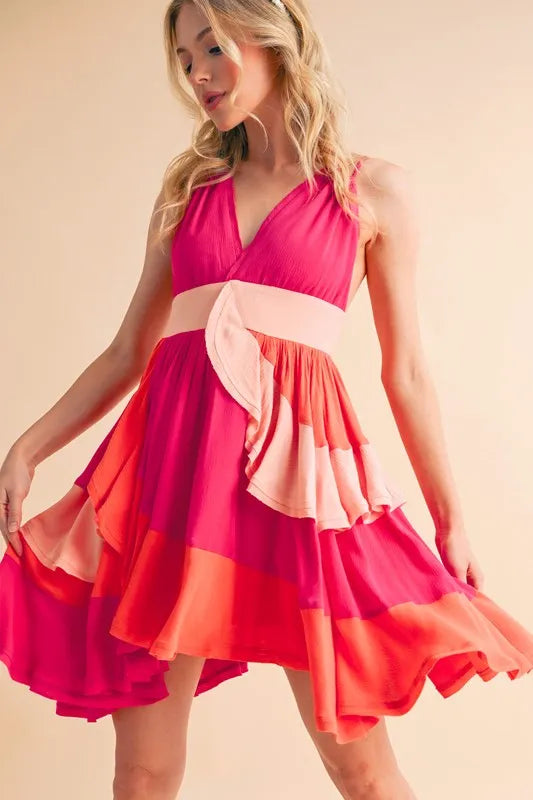 Stylish Pink Ruffled Sleeveless Mini Dress for Women - Perfect for Beach Vacations, Summer Parties & Resort Wear