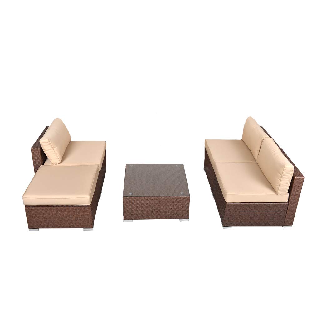 Sunvivi 5-Piece All-Weather Outdoor Patio Furniture Set - PE Wicker Sectional Sofa with Glass Table & Removable Cushions (Brown) - Perfect for Garden, Backyard, Poolside & Patio Relaxation