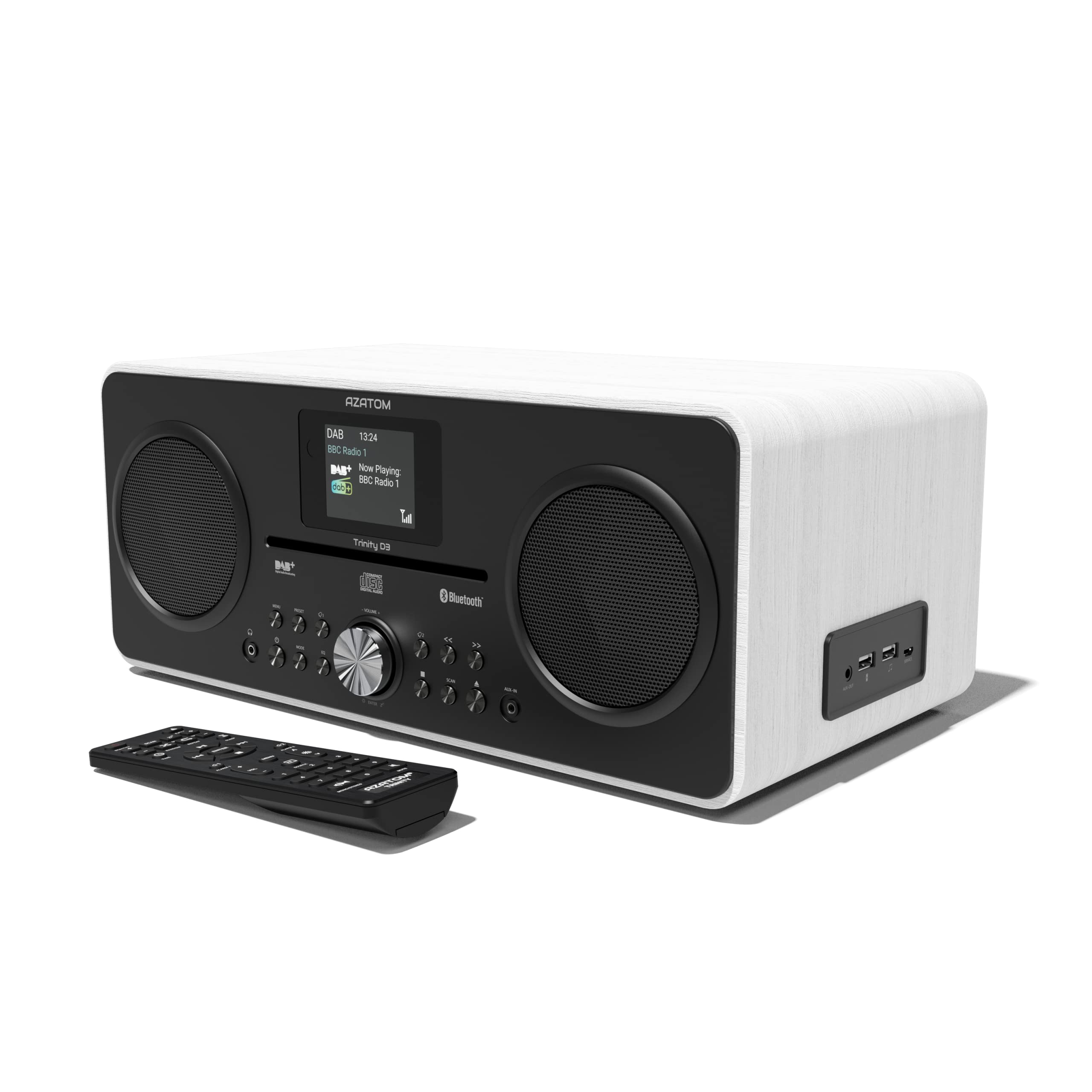 Premium DAB DAB+ Digital FM Radio with CD Player, Bluetooth Speaker System, USB Charger & MP3 Playback - High Quality Sound, Alarm, Equalizer & Remote Control (AZATOM Trinity White) - Perfect for Home, Office & Outdoor Entertainment