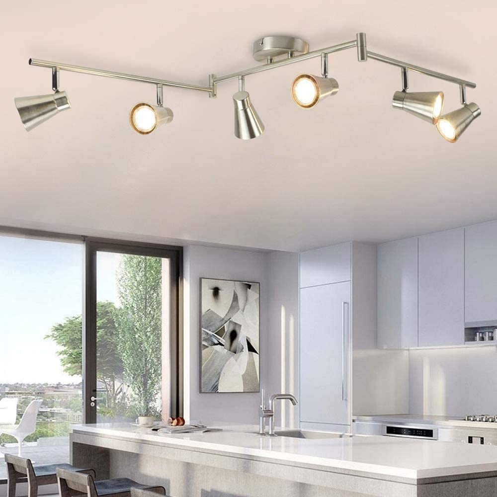 Modern LED Track Lighting Kit - 6 Adjustable Spotlights with Warm White Light, Flush Mount Ceiling/Wall Fixture for Kitchen, Dining Room, Hallway & Bedroom | Silver Finish | Energy-Efficient Home & Office Lighting Solution