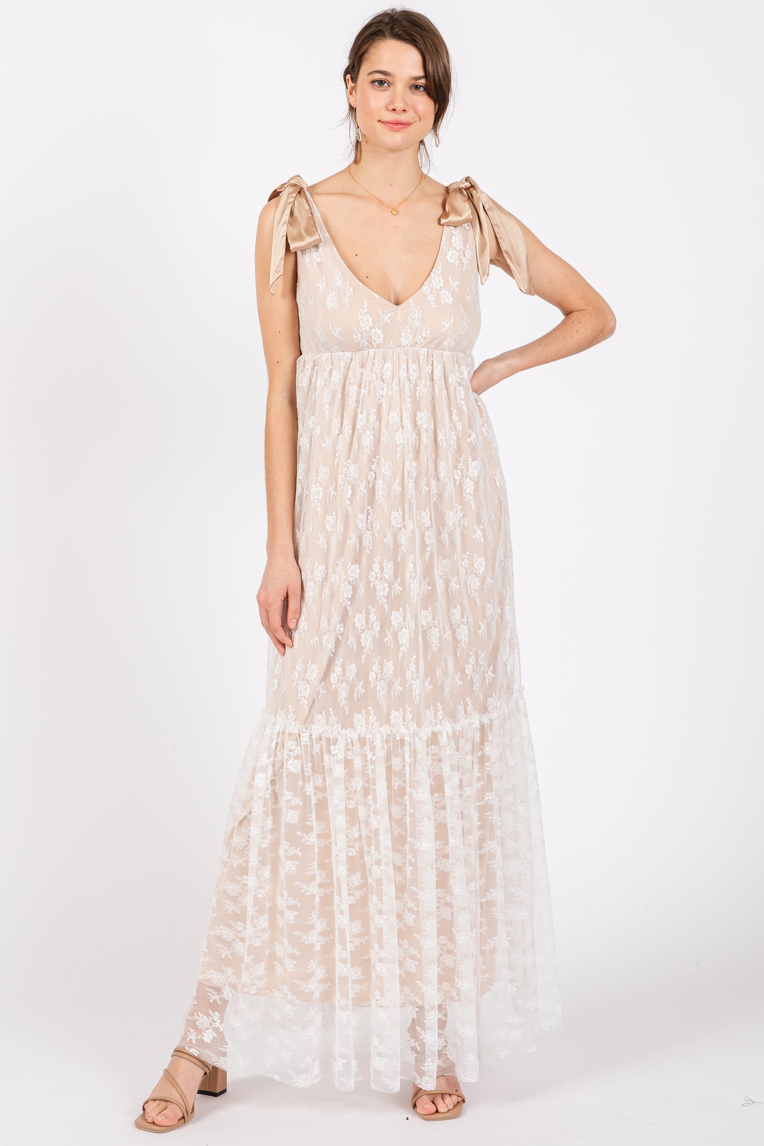 Beige V-Neck Satin Tie Lace Overlay Maternity Maxi Dress for Pregnancy Photoshoot, Baby Shower & Special Occasions