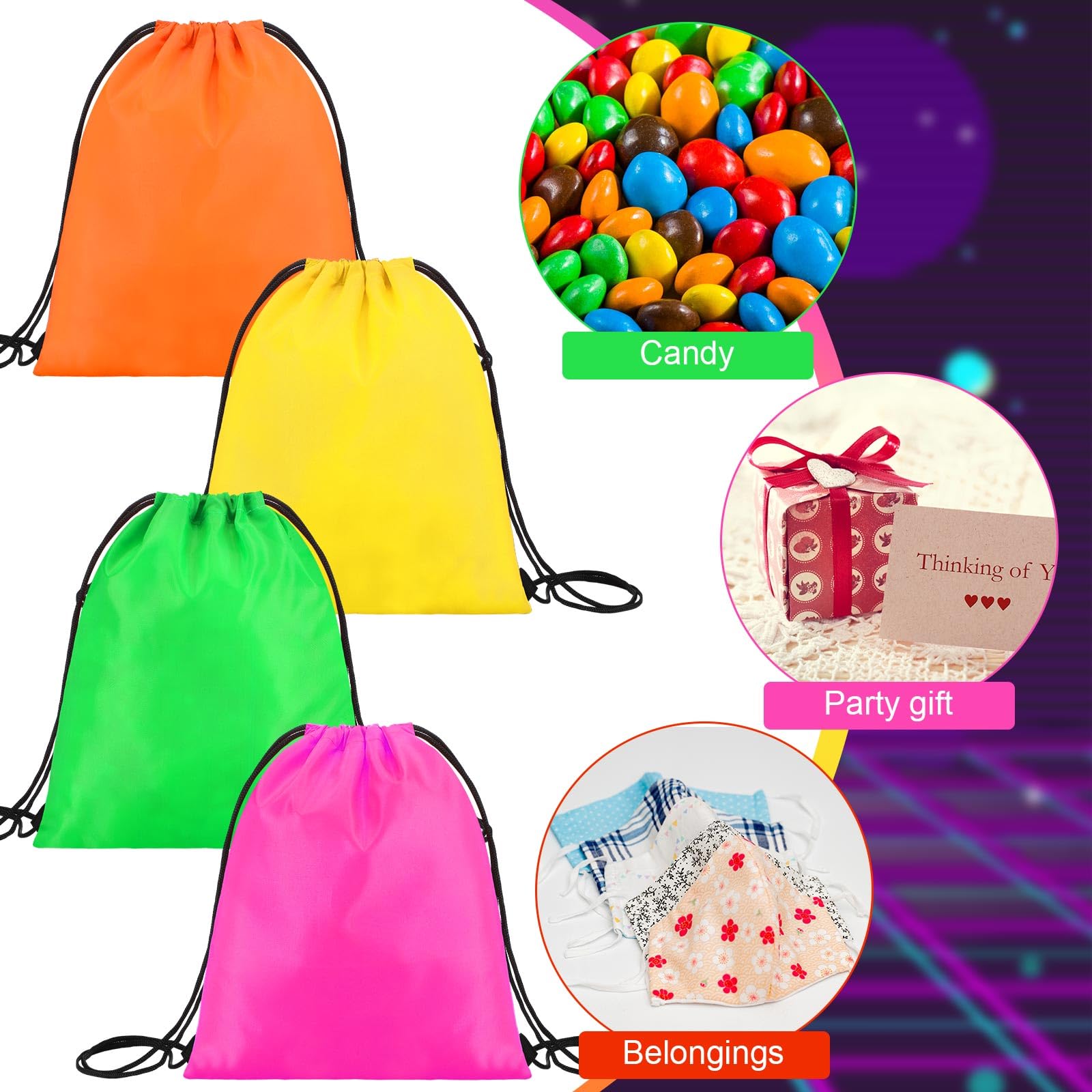 24-Piece Neon Party Drawstring Backpacks - Colorful Goodie Bags for Candy & Gifts (4 Vibrant Colors) - Perfect for Birthday Parties, Halloween, School Events & Festive Celebrations