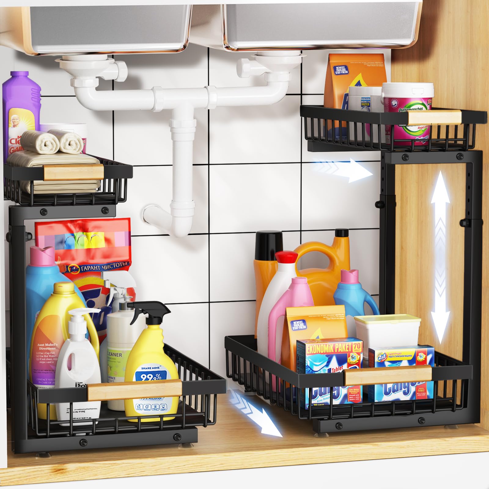 2 Pack Under Sink Organizer - Adjustable Height Metal Pull Out Cabinet Storage Shelves for Kitchen & Bathroom | Space Saving Under Sink Organizer for Cleaning Supplies, Sponges & Toiletries (Black)