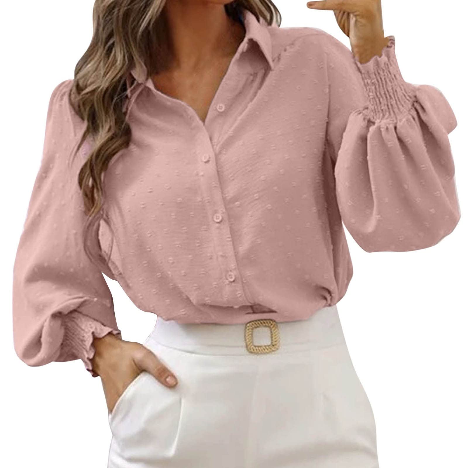 BEUU Women's V-Neck Long Sleeve Swiss Dot Blouse - Solid Color Button Down Shirt for Business Casual & Office Wear | Perfect for Work, Meetings, and Professional Outfits