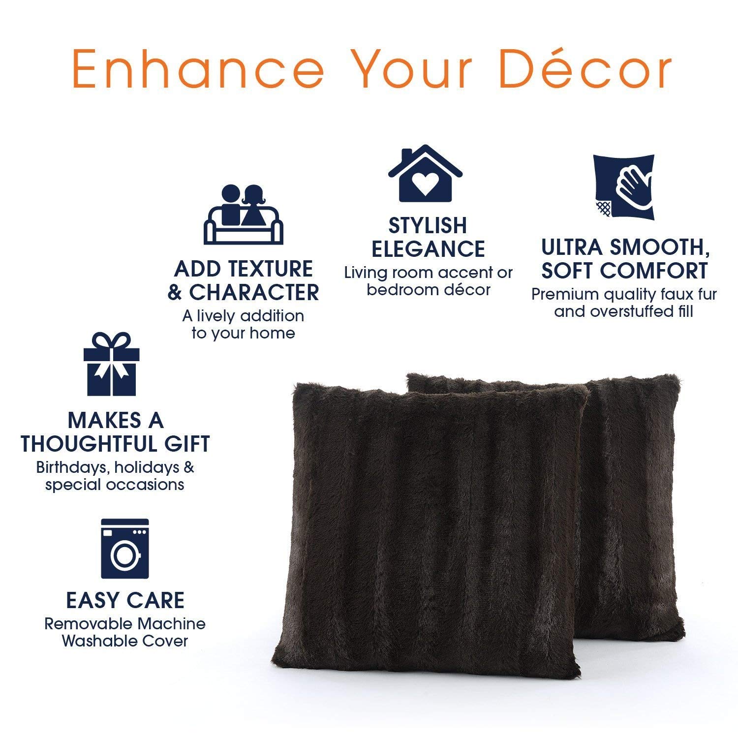 Cheer Collection Faux Fur Throw Pillows Set of 2 - 18x18 Inch Soft Decorative Couch & Bed Pillows, Chocolate Accent Pillows for Bedroom or Living Room Decor - Perfect for Cozy Home Aesthetic, Sofa Styling and Comfortable Lounging