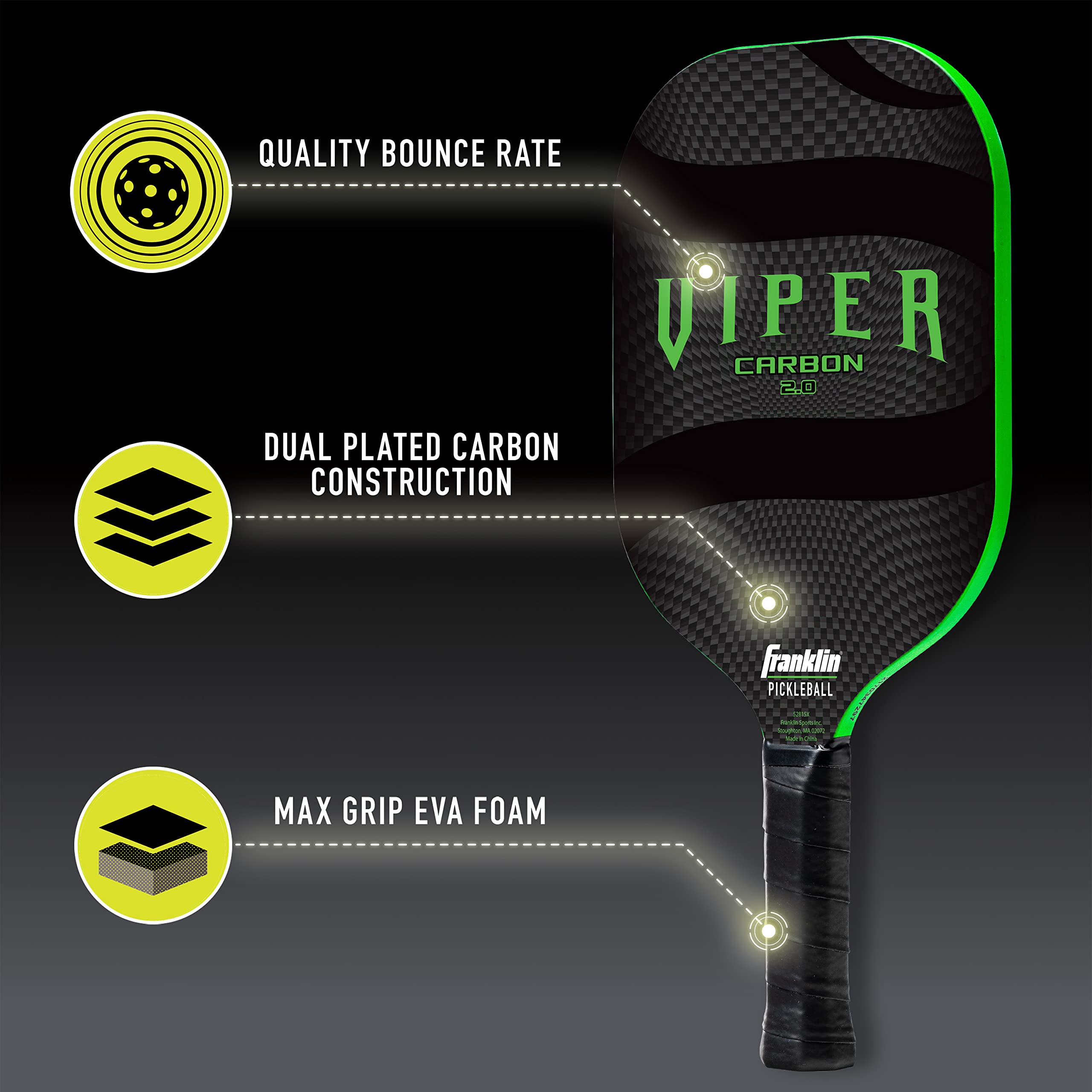 Franklin Sports Pickleball-X Carbon Fiber Viper Paddle - Lightweight & Durable Pickleball Racket for Indoor/Outdoor Play - Perfect for Beginners & Advanced Players (Green)
