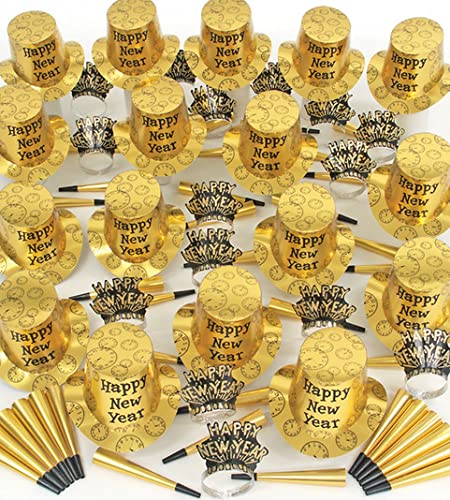 2025 New Year's Eve Party Supplies - 100-Piece Black & Gold Top Hats, Tiaras & Noise Makers Kit | Bulk NYE Decorations & Party Favors for Countdown Celebrations, Ball Drops & New Year's Eve Events