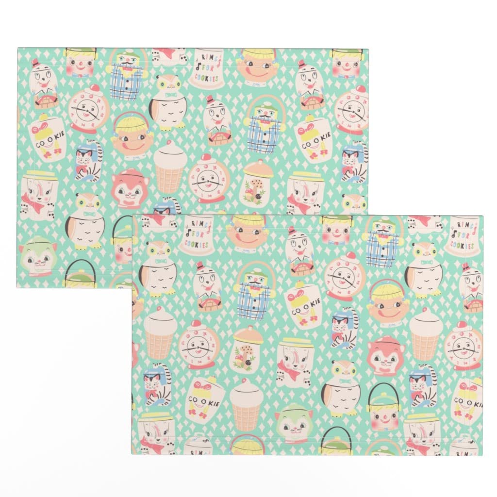 Spoonflower Linen Cotton Canvas Placemats Set of 2 - Vintage Christmas Cookie Jar Retro Print Kitchen & Nursery Decor - Perfect for Holiday Dining, Table Setting, and Home Decoration