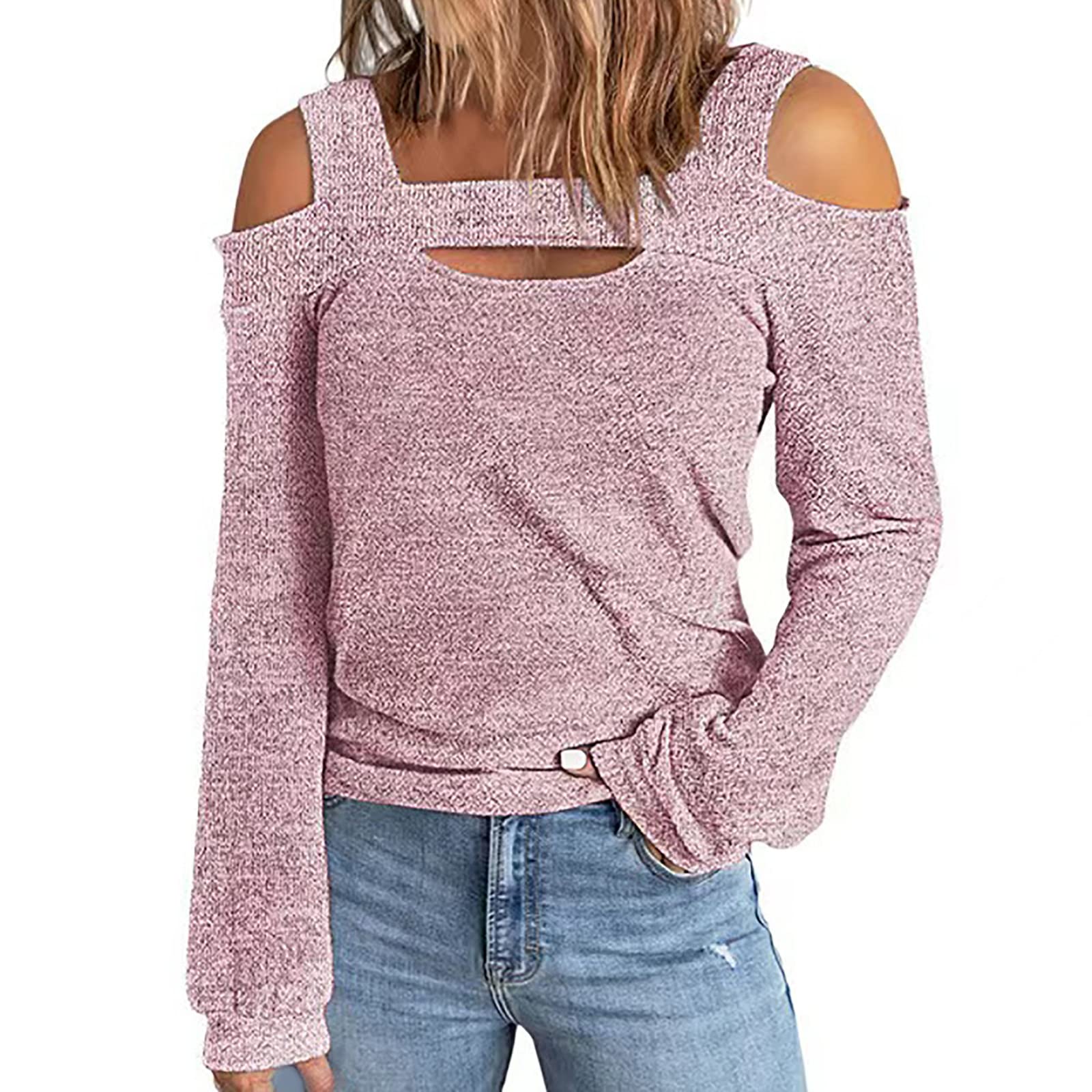 Women's Summer Long Sleeve Cold Shoulder Knit Top - Solid Color Cut Out Blouse Pullover Tee for Casual Outings & Beach Wear