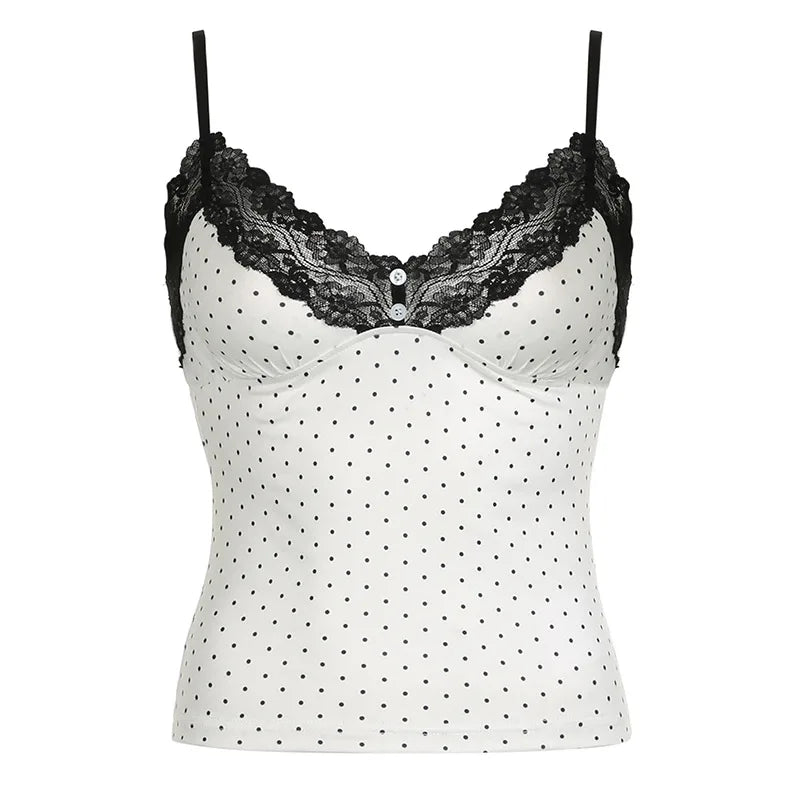 Black and White Polka Dot Print Tank Top for Women - Y2K Vintage Style Lace Trim Deep V Backless Crop Top | Perfect for Summer Outfits, Beachwear & Casual Fashion | P67 AH10